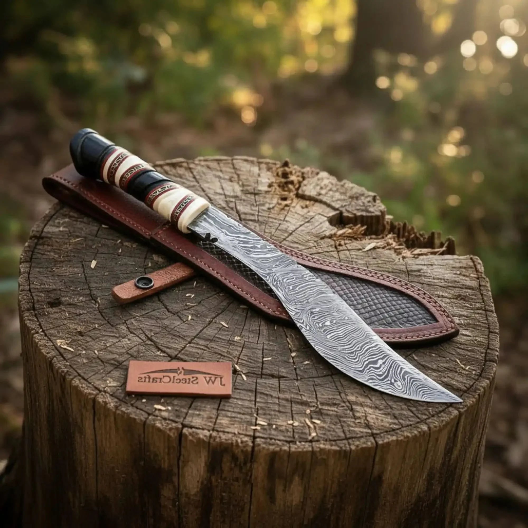Custom Ghurkha Kukri Knife Curved Blade Damascus Steel Outdoor Chopping Tool
