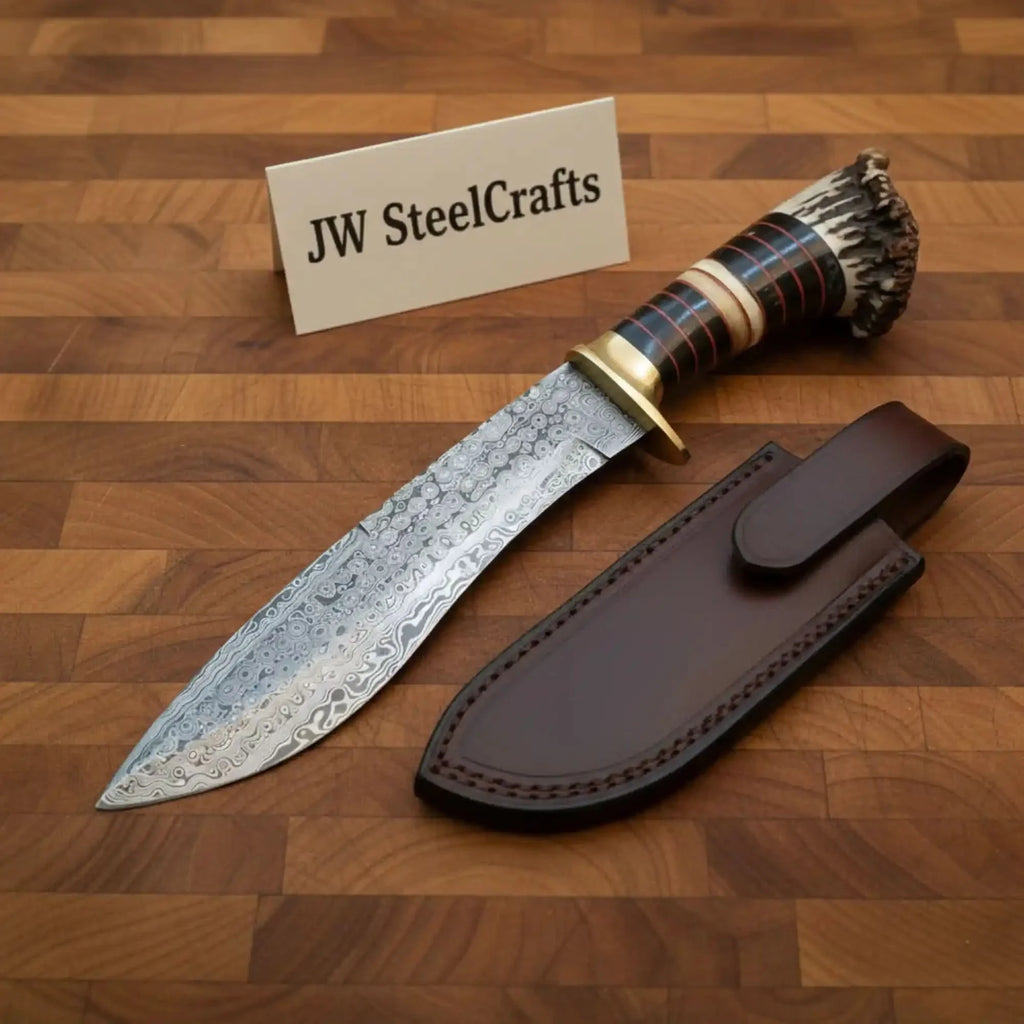 Handmade Damascus Bowie Knife with Stag Horn Handle | Full Tang Fixed Blade