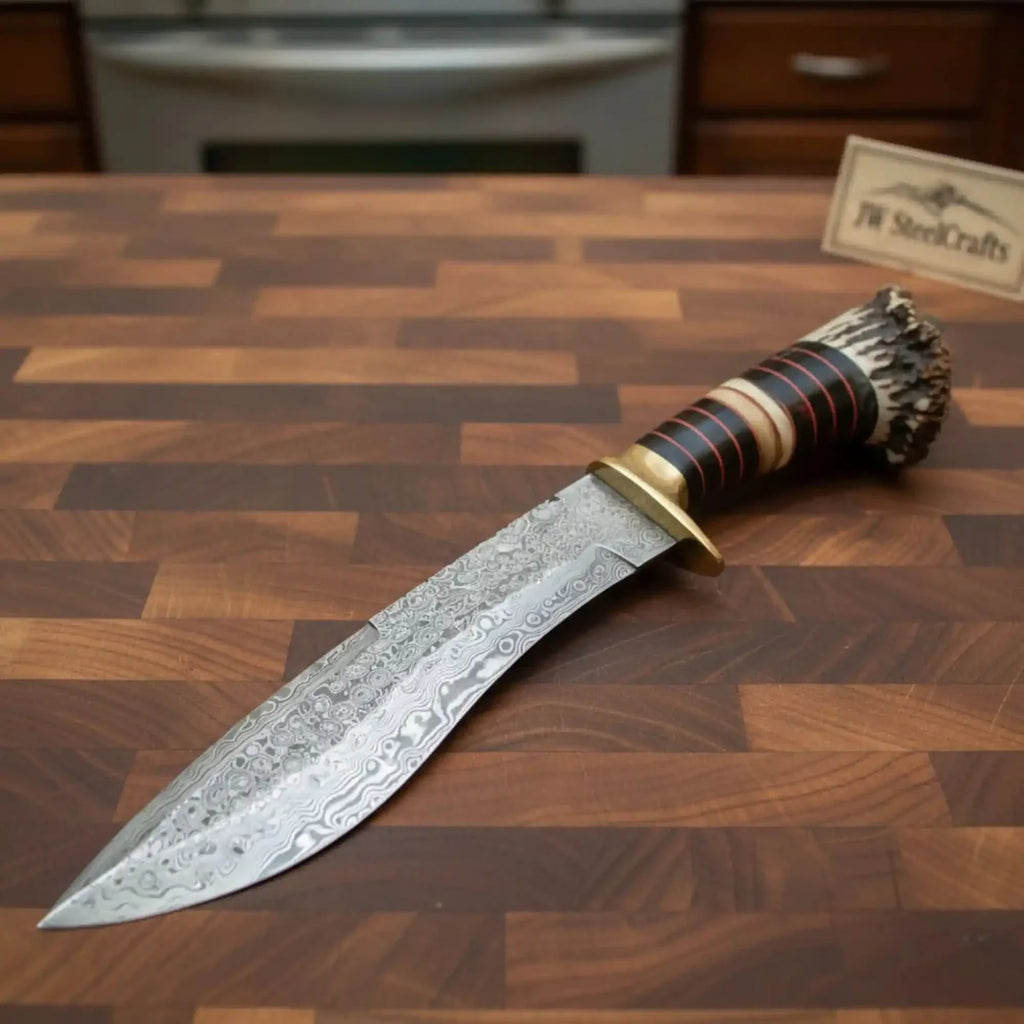 Handmade Damascus Bowie Knife with Stag Horn Handle | Full Tang Fixed Blade