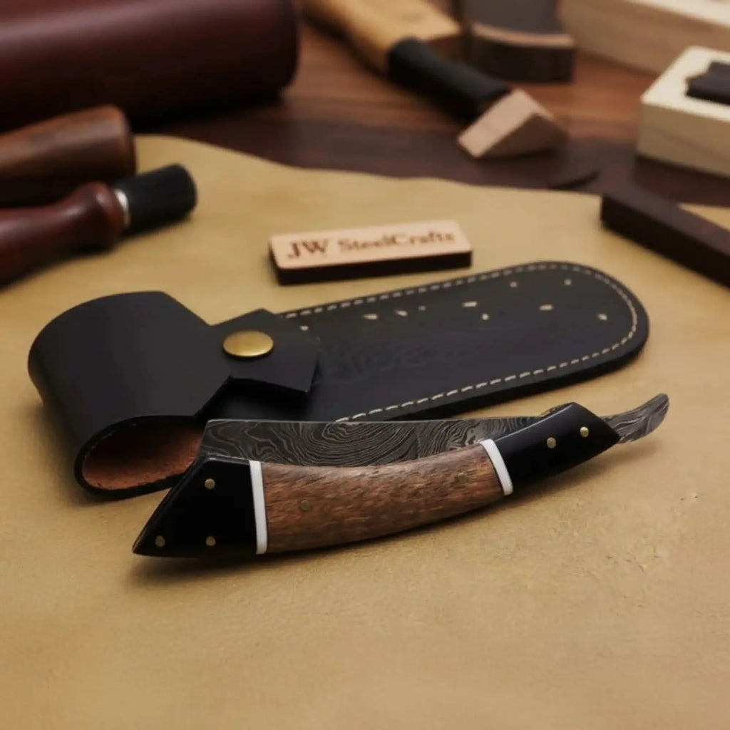 Handmade Damascus Folding Straight Razor with Rose Wood & Black Resin Handle