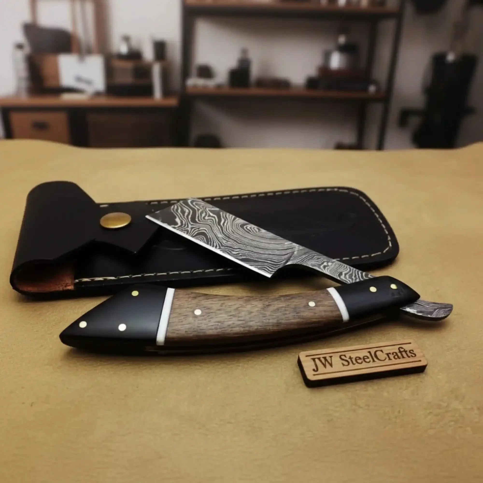 Handmade Damascus Folding Straight Razor with Rose Wood & Black Resin Handle