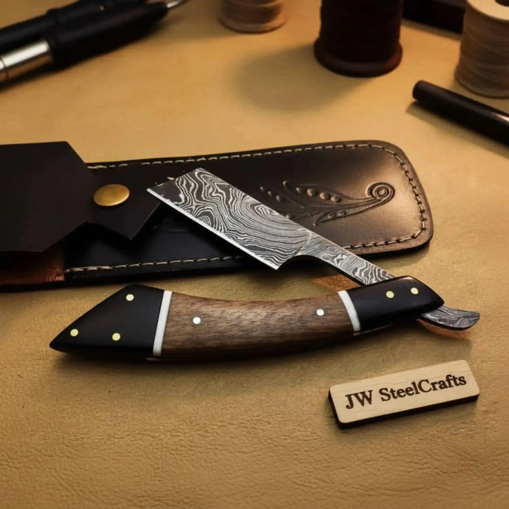 Handmade Damascus Folding Straight Razor with Rose Wood & Black Resin Handle