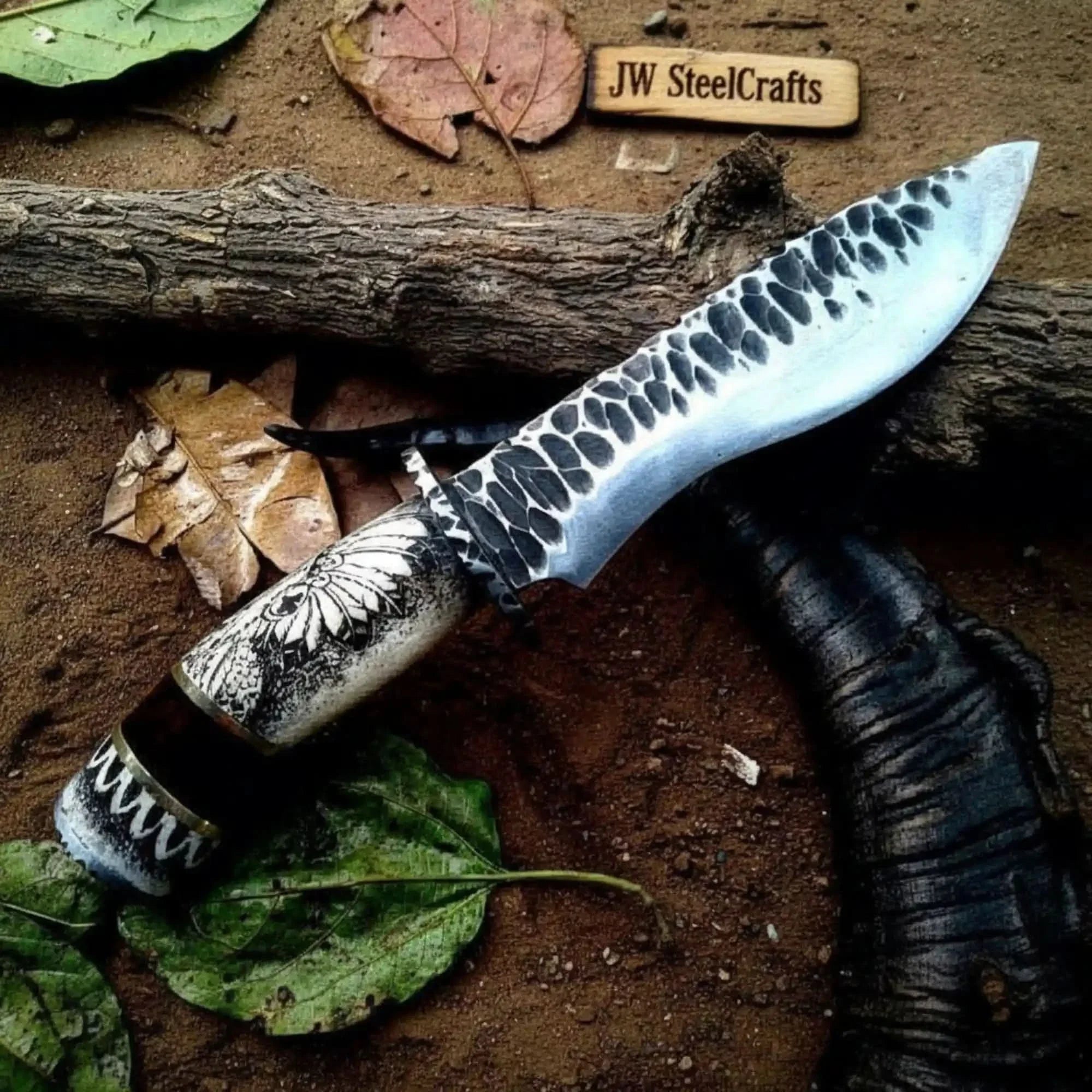 Handmade High Carbon Steel Drop Point Hunting Knife with Scrimshaw Handle