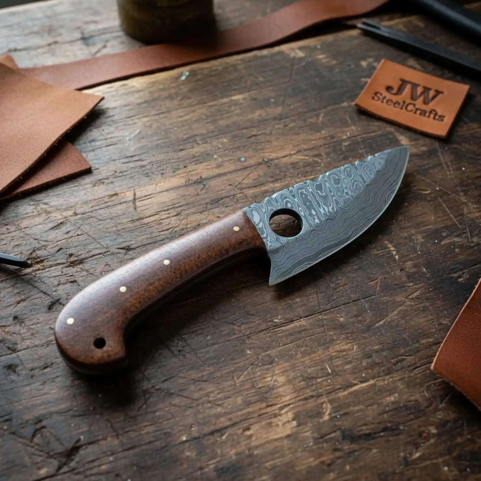Handmade Damascus Mini Skinner Knife with Wooden Handle | Full Tang Drop Point Blade