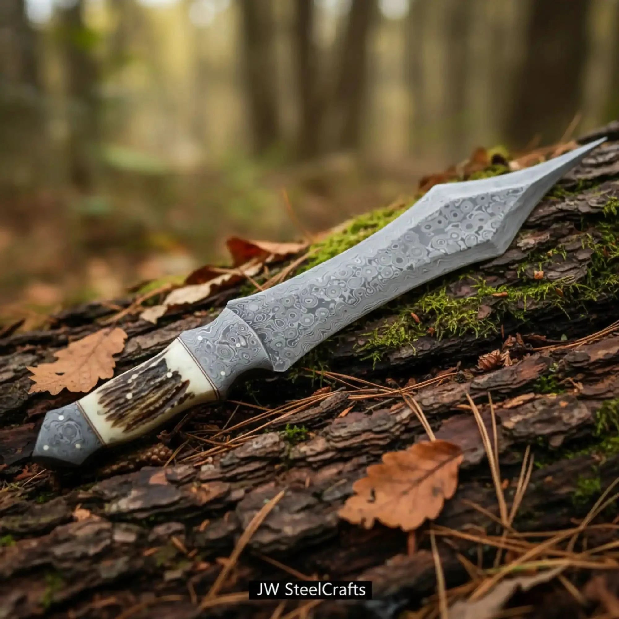 Handmade Damascus Medieval Spear Point Dagger with Stag Horn Handle
