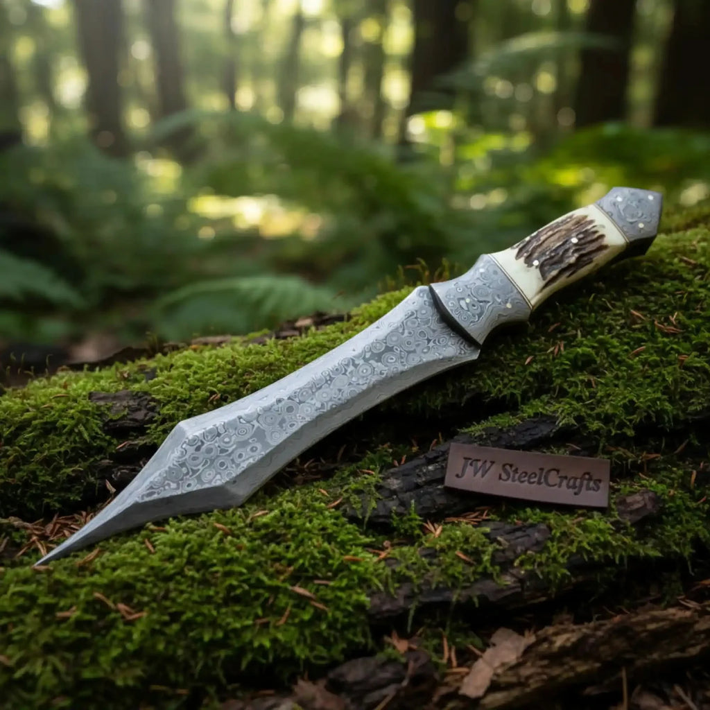 Handmade Damascus Medieval Spear Point Dagger with Stag Horn Handle