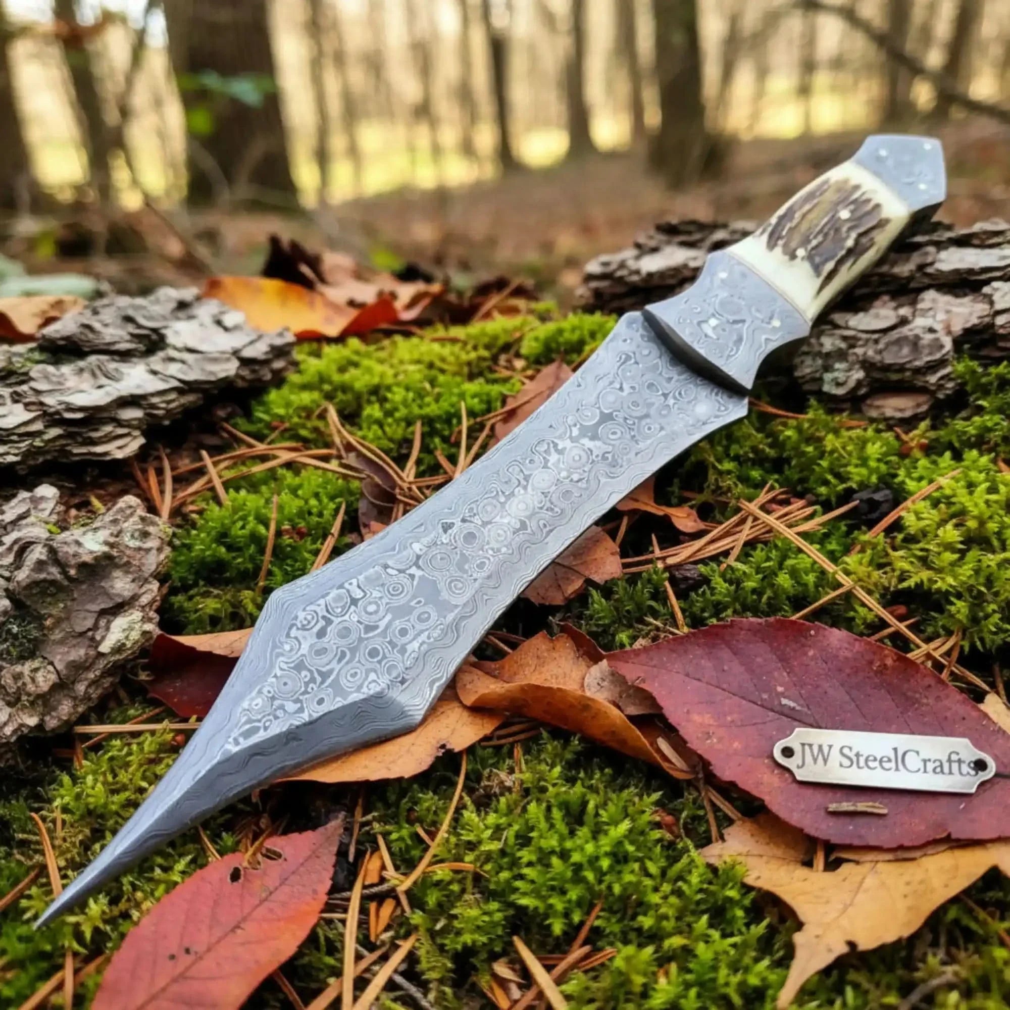 Handmade Damascus Medieval Spear Point Dagger with Stag Horn Handle