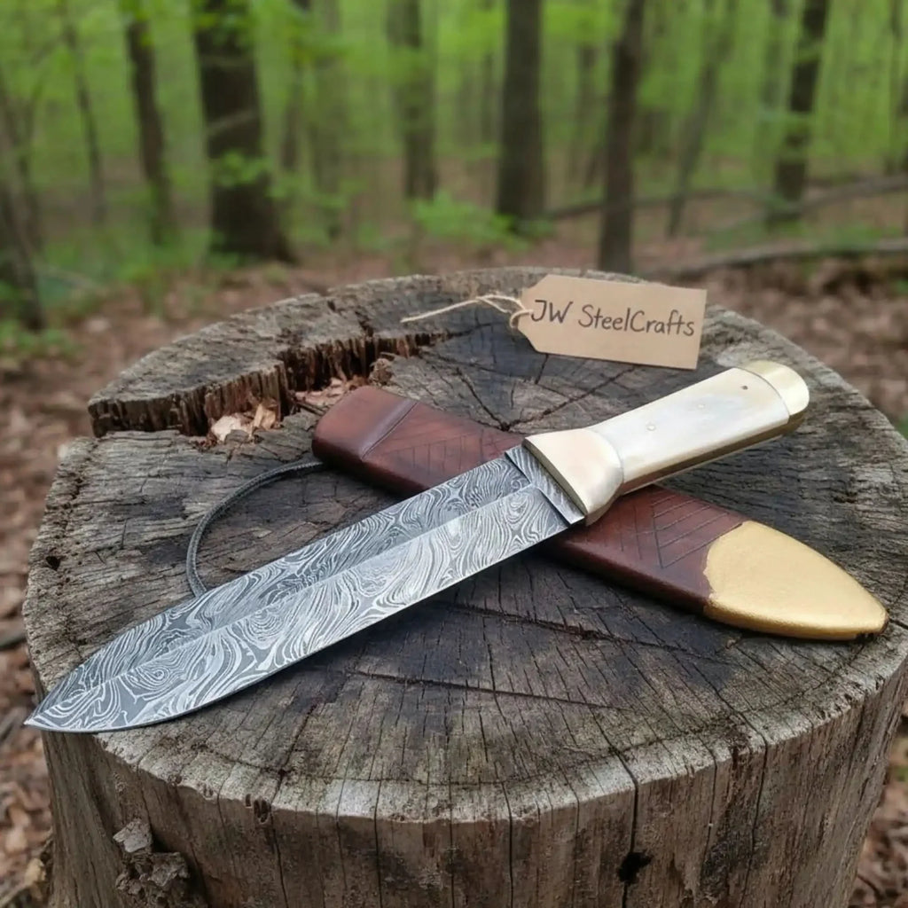 Handmade Persian Style Damascus Dagger with Camel Bone Handle & Wooden Scabbard