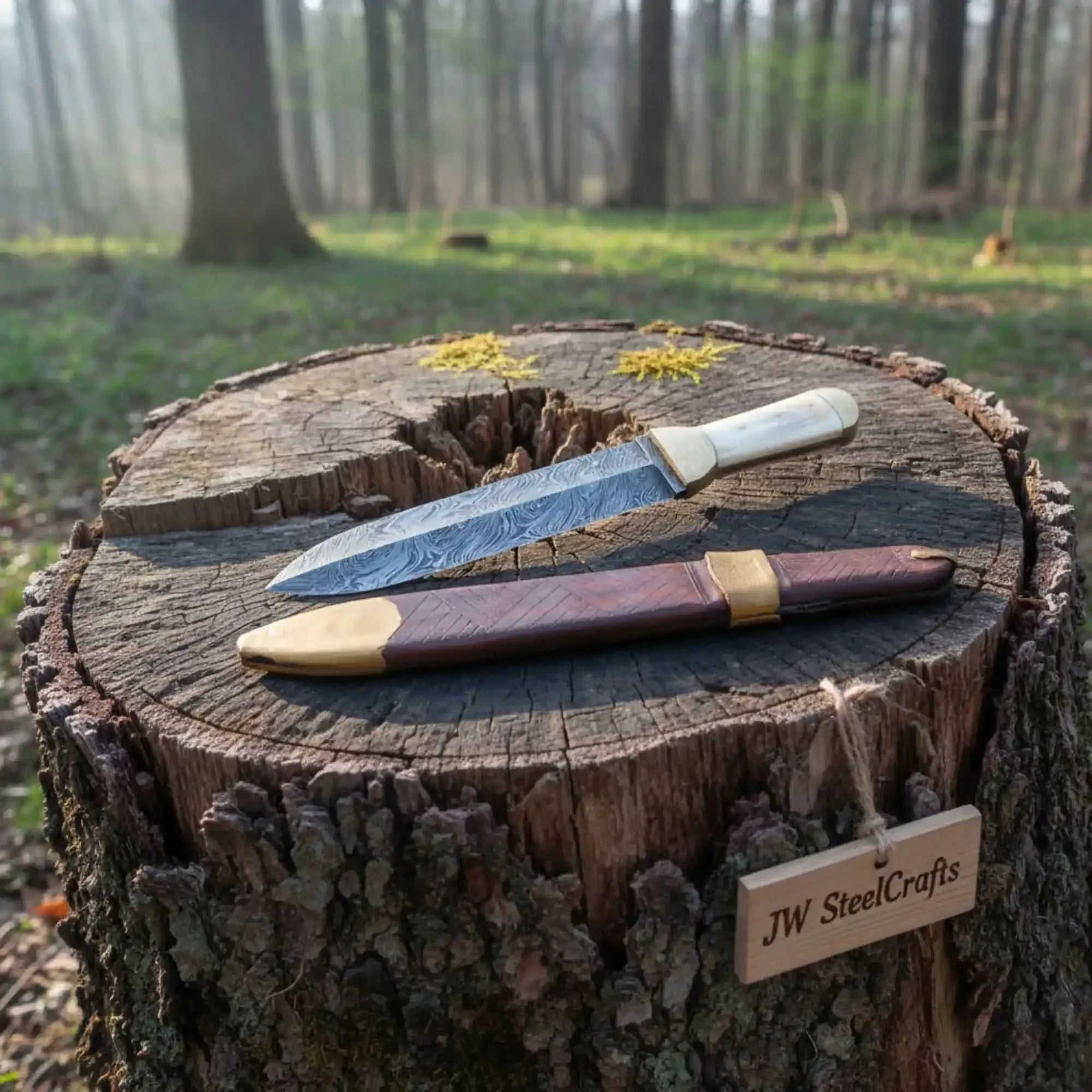 Handmade Persian Style Damascus Dagger with Camel Bone Handle & Wooden Scabbard