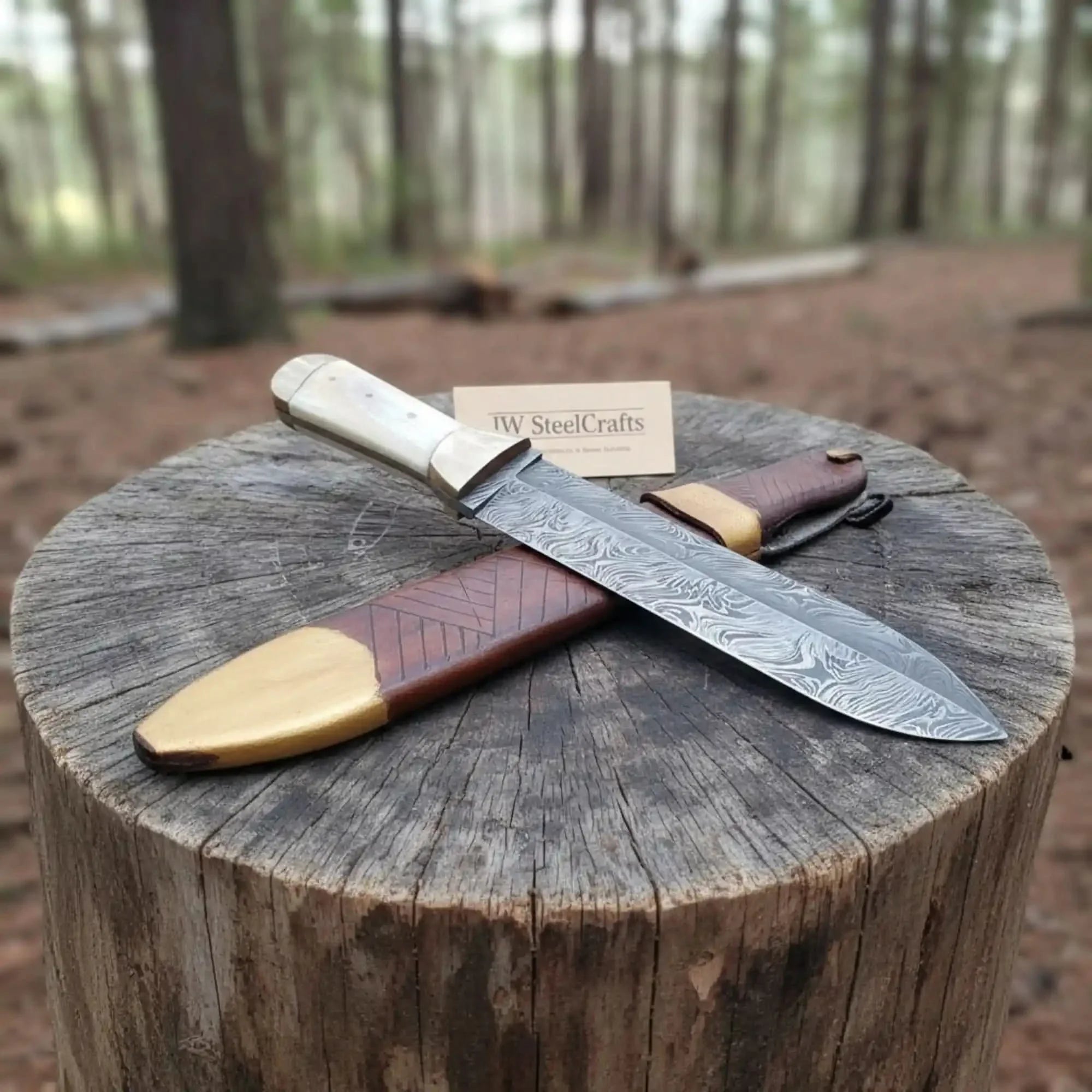 Handmade Persian Style Damascus Dagger with Camel Bone Handle & Wooden Scabbard