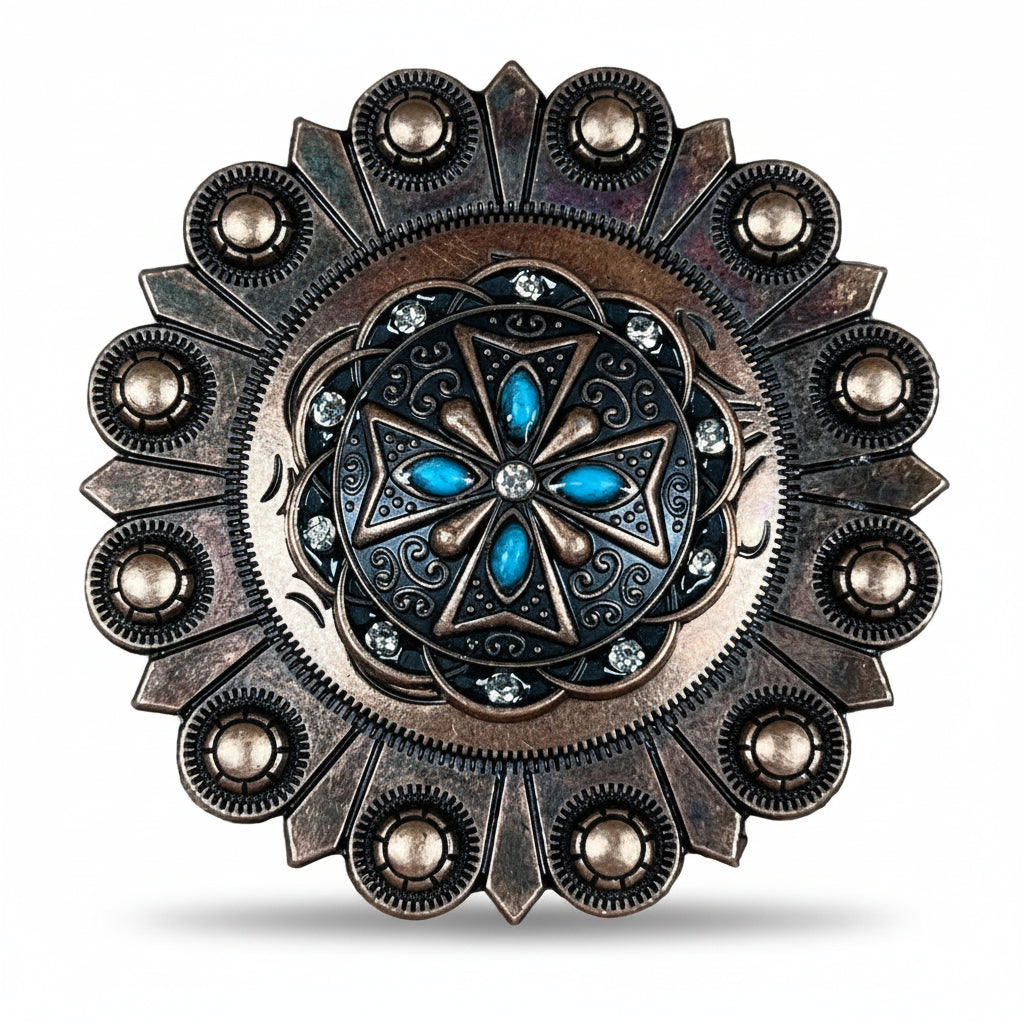 Copper Turquoise & Clear Crystal Western Concho W138 — view 4