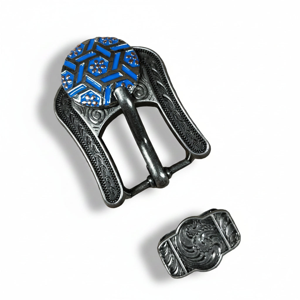 Antique Silver Blue Geometric Western Concho W236 — view 7