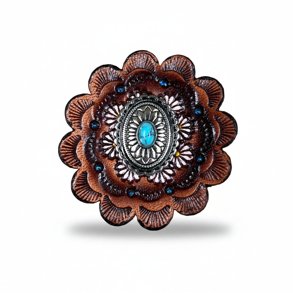 Antique Silver Oval Floral Turquoise Western Concho W237 — view 7