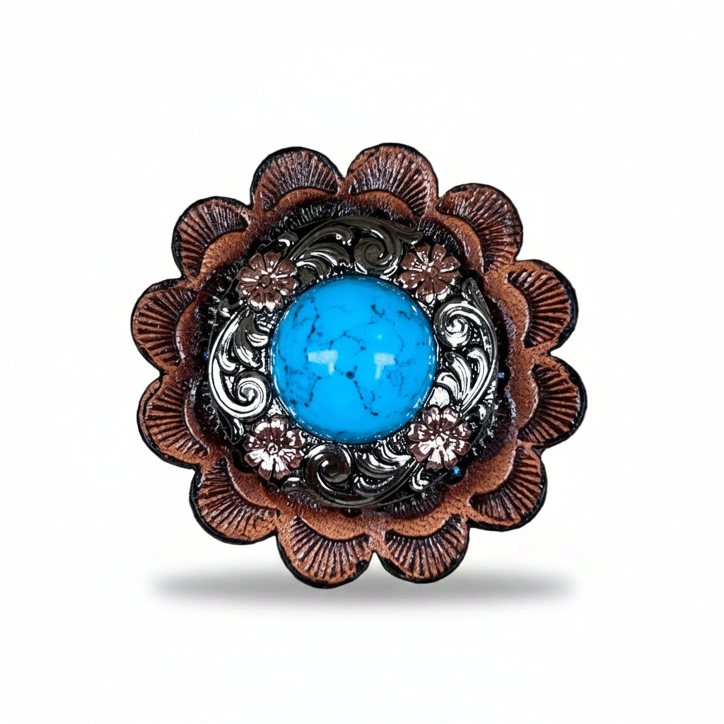 Antique Silver Turquoise Copper Floral Western Concho W222 — view 5