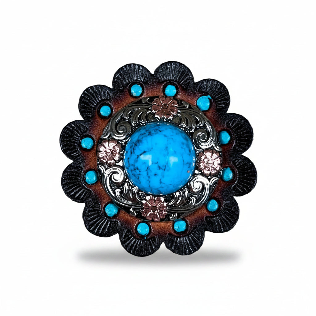 Antique Silver Turquoise Copper Floral Western Concho W222 — view 6