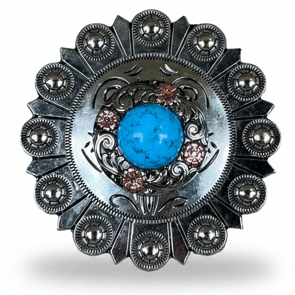 Antique Silver Turquoise Copper Floral Western Concho W222 — view 4