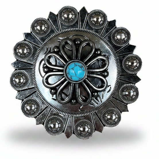 Antique Silver Turquoise Flower Western Concho W231 — view 4