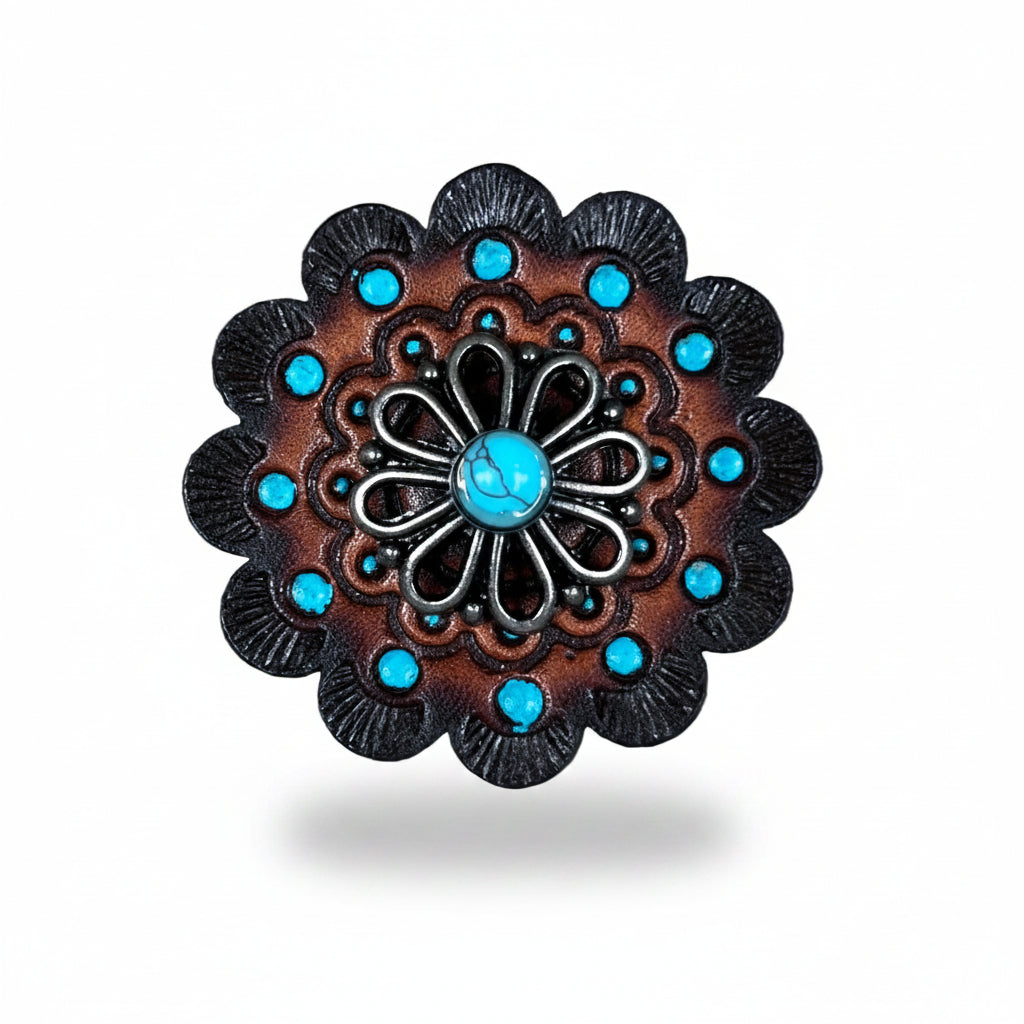 Antique Silver Turquoise Flower Western Concho W231 — view 7