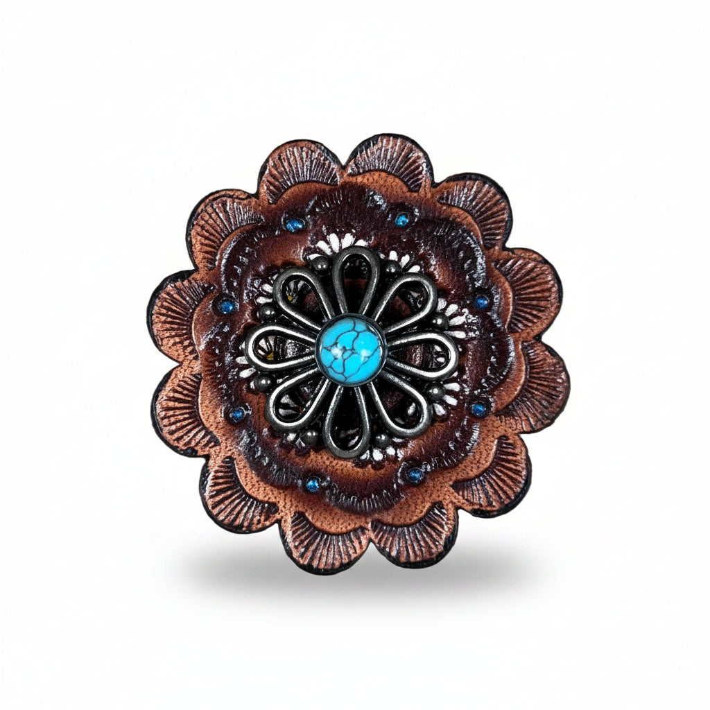 Antique Silver Turquoise Flower Western Concho W231 — view 6