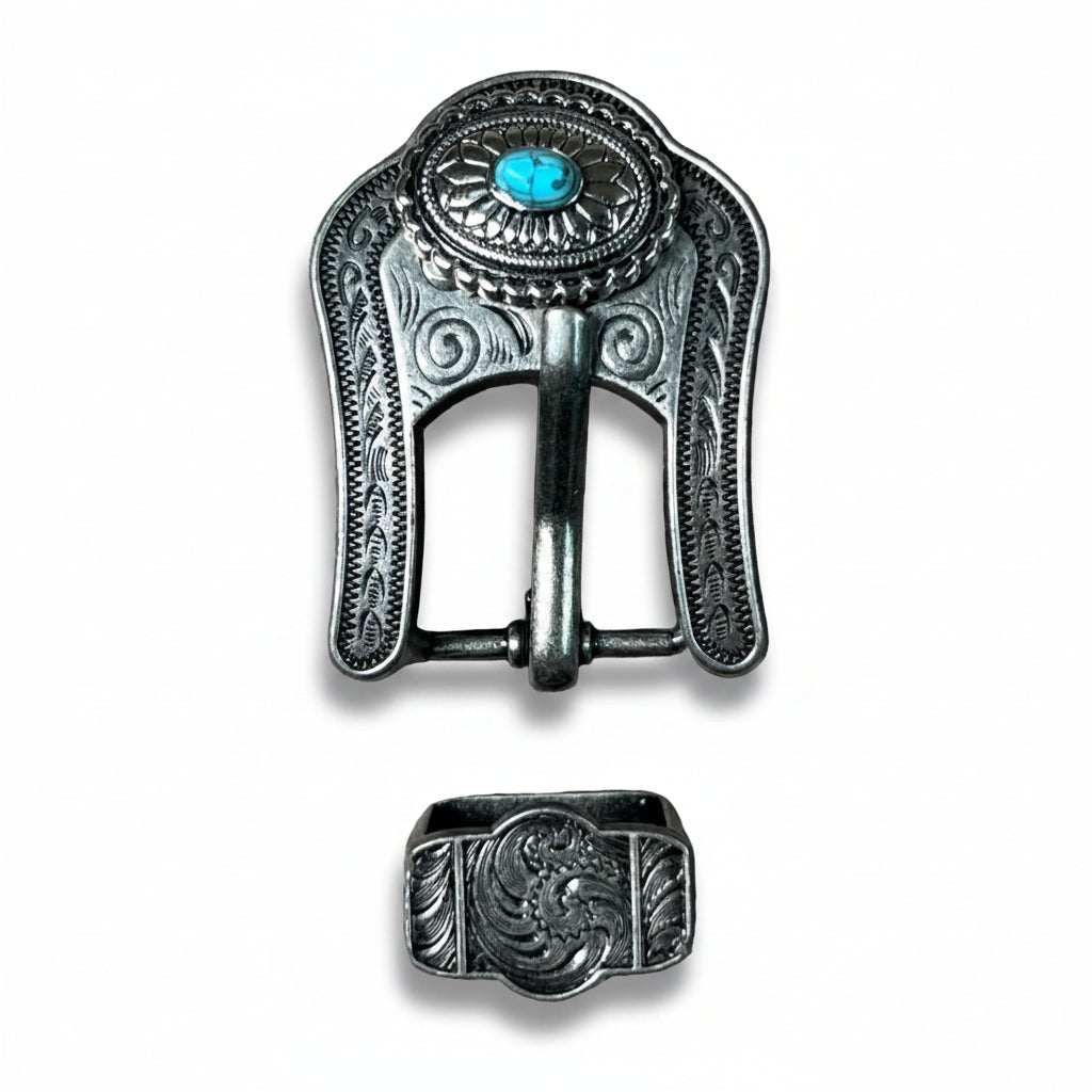Antique Silver Oval Floral Turquoise Western Concho W237 — view 5