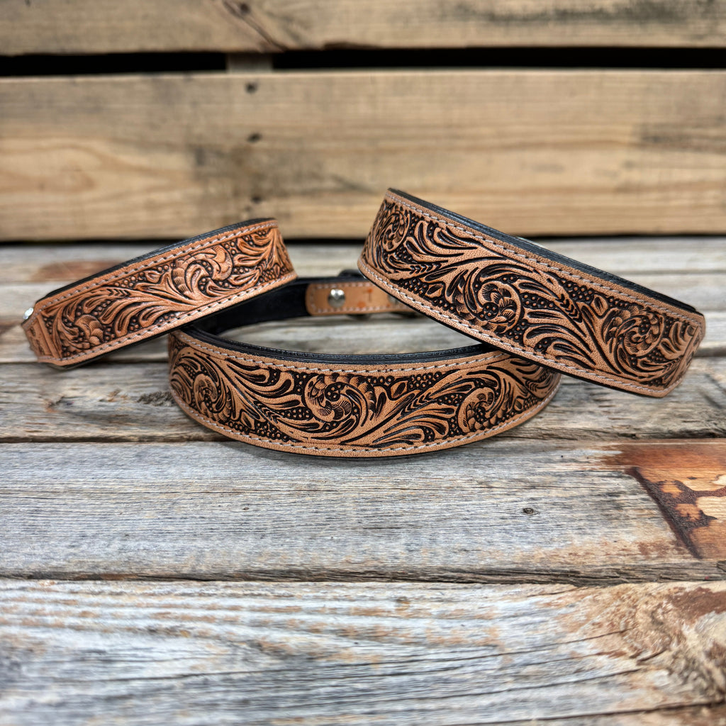 Light Oil Floral Genuine Leather Padded Dog Collar #FKDC3