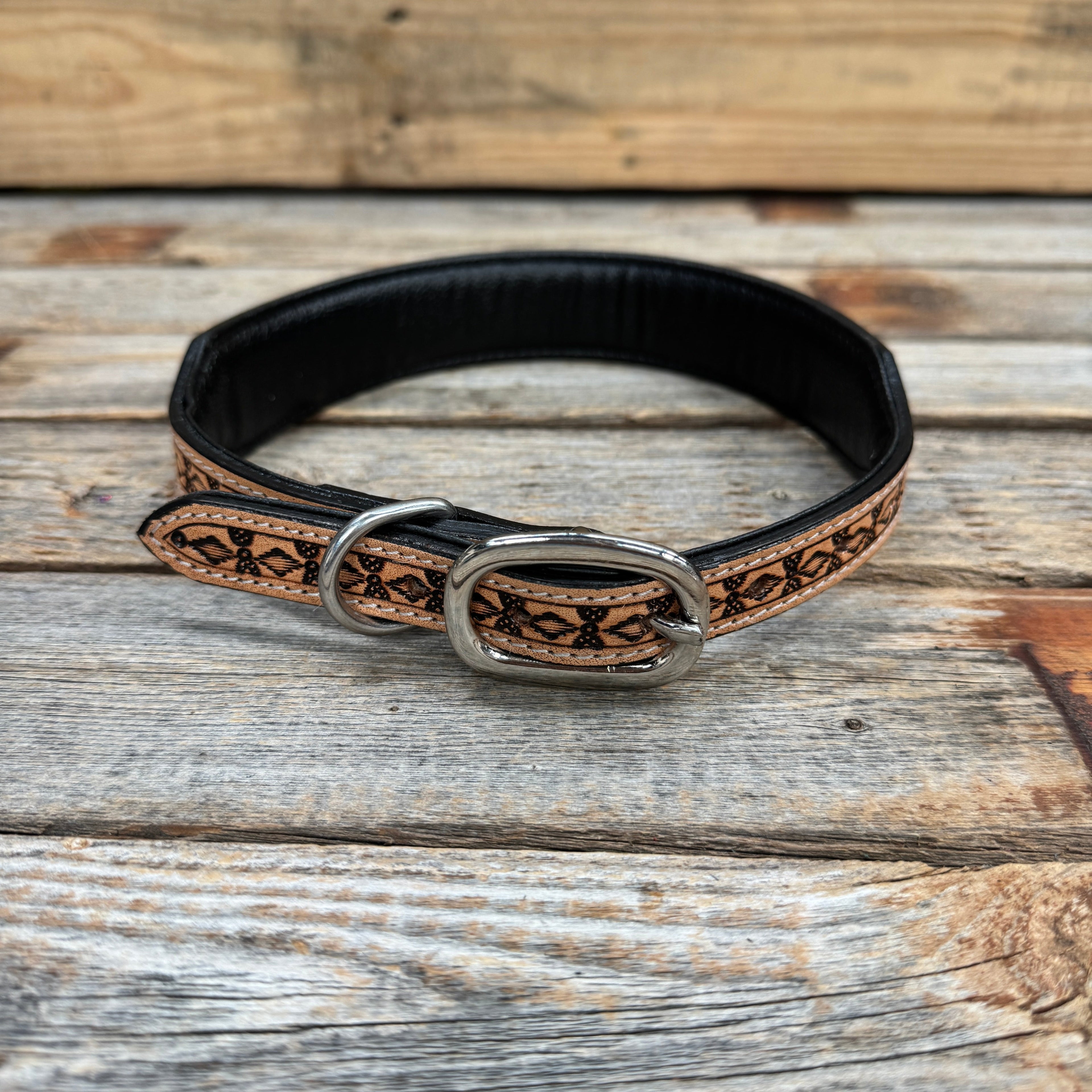 Light Oil Floral Genuine Leather Padded Dog Collar #FKDC3 — view 2