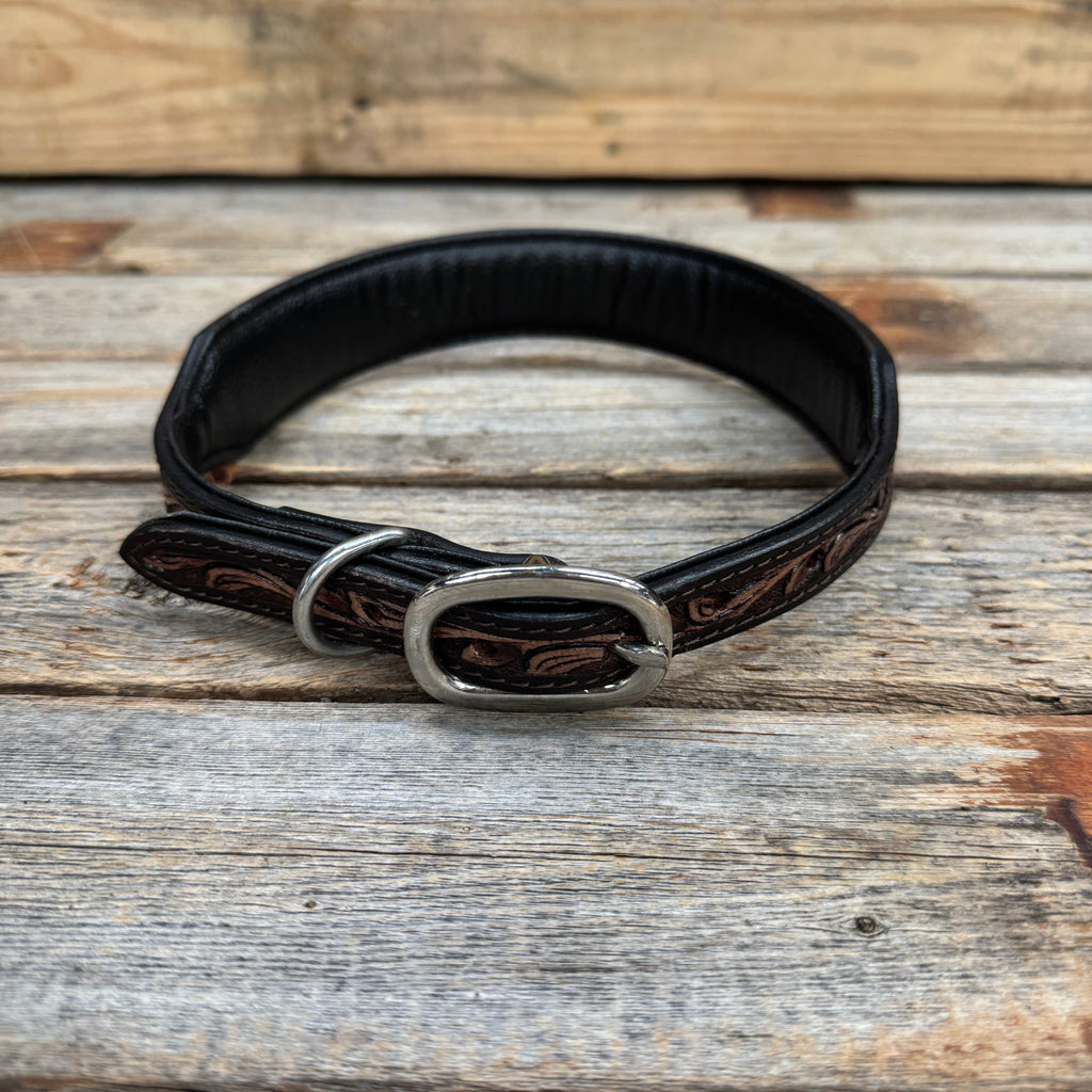 Two Tone Floral Genuine Leather Padded Dog Collar #FKDC2 — view 2
