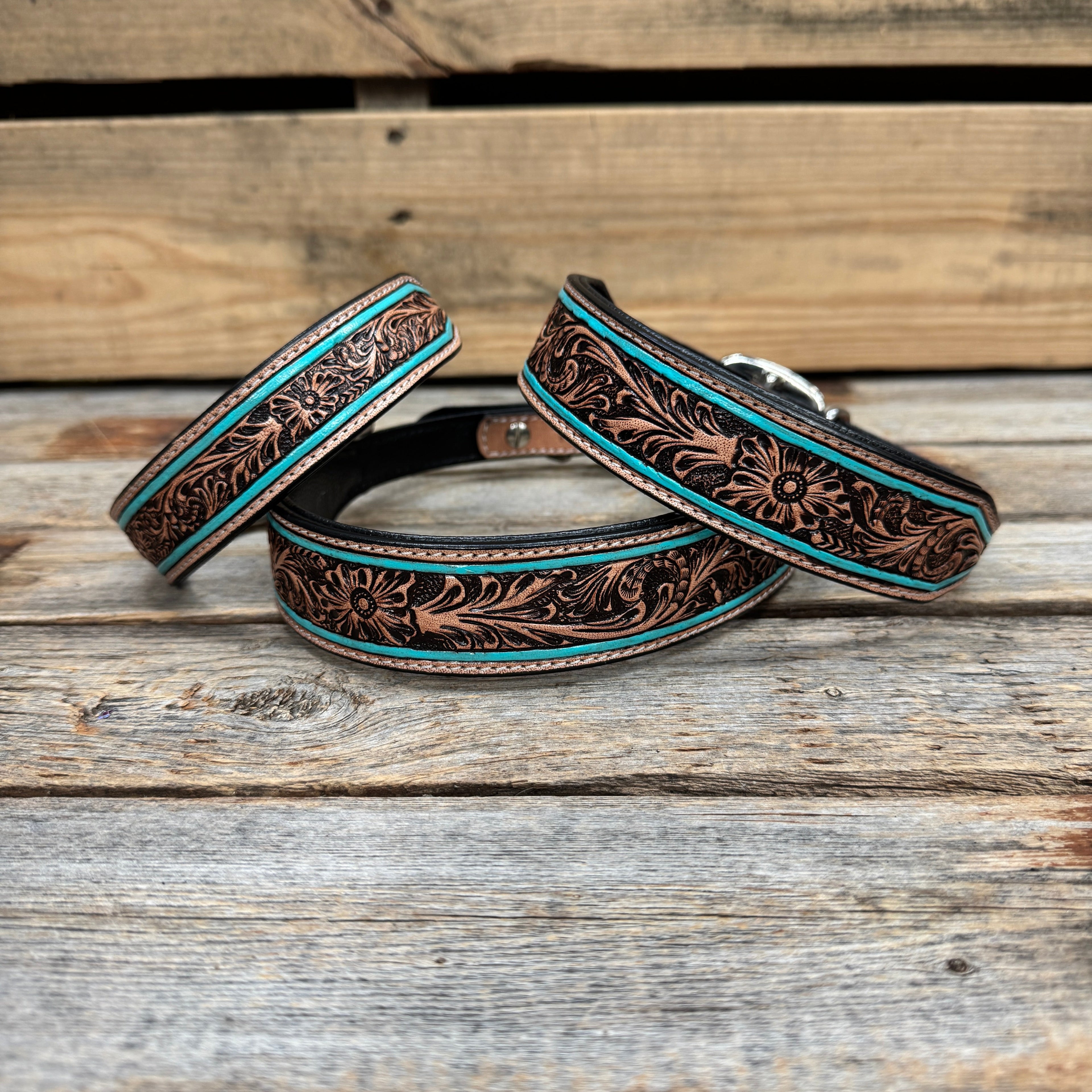 Turquoise Floral Genuine Leather Padded Dog Collar #FKDC1
