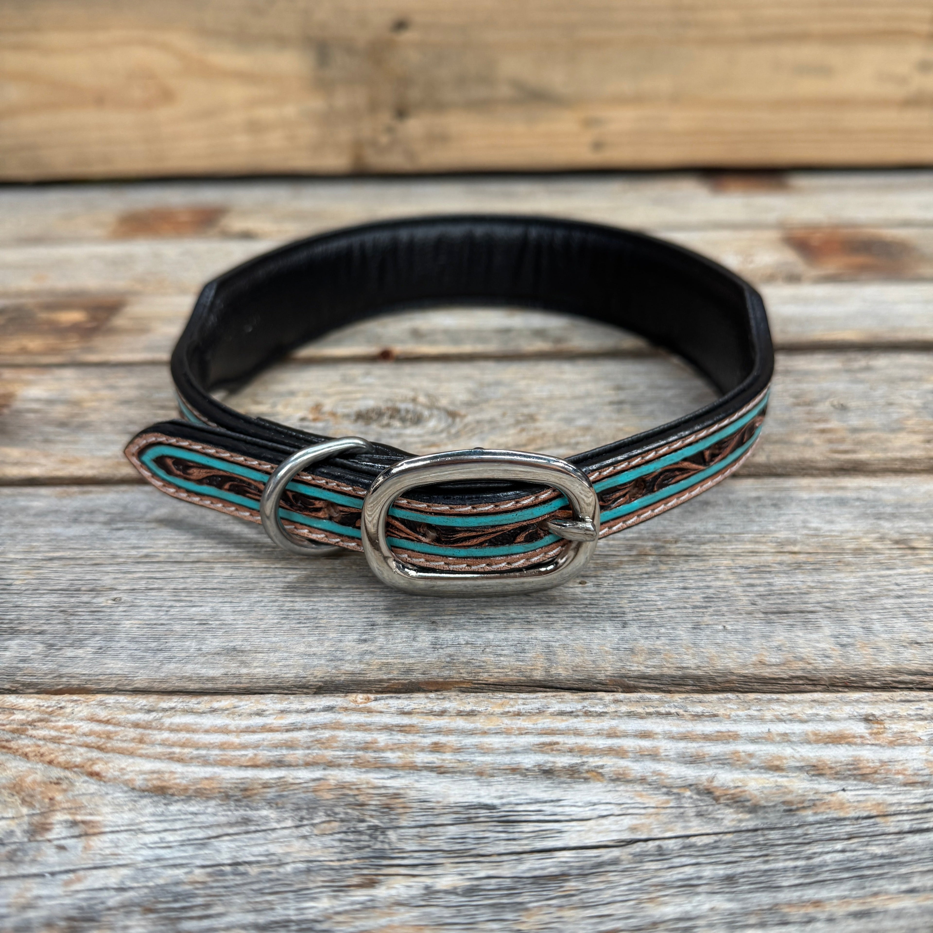 Turquoise Floral Genuine Leather Padded Dog Collar #FKDC1 — view 2