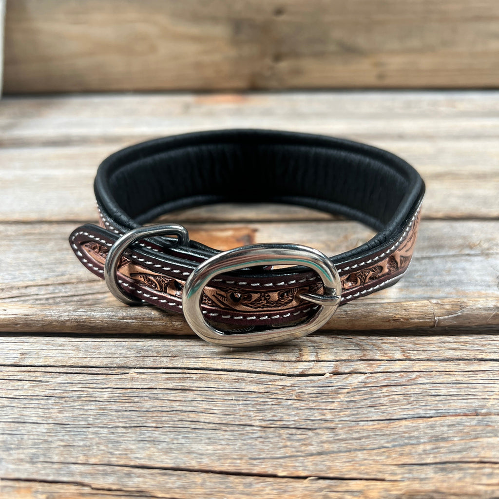 Tooled Red and Brown Genuine Leather Beaded Dog Collar #DC450 — view 2