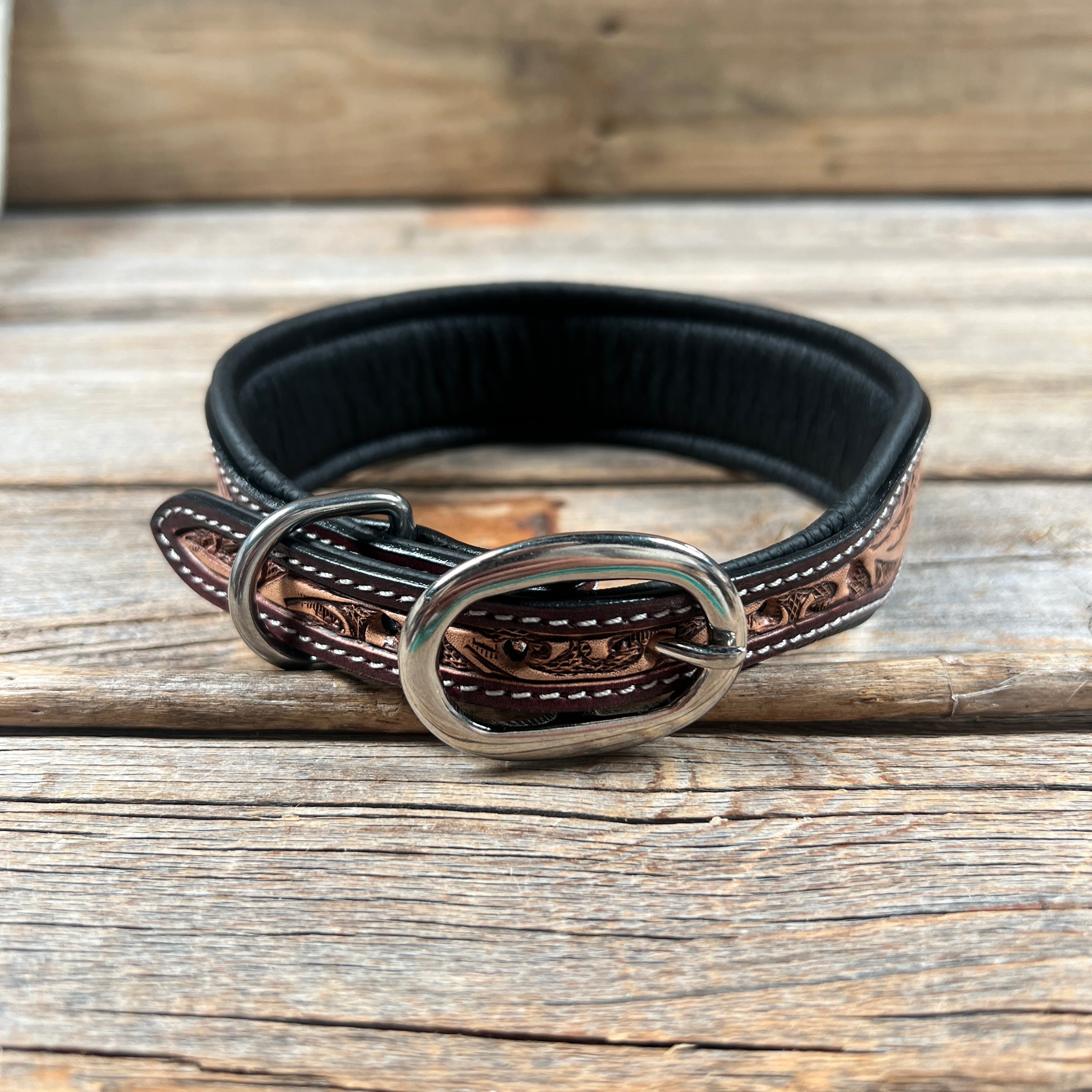 Tooled Red and Brown Genuine Leather Beaded Dog Collar #DC450 — view 2