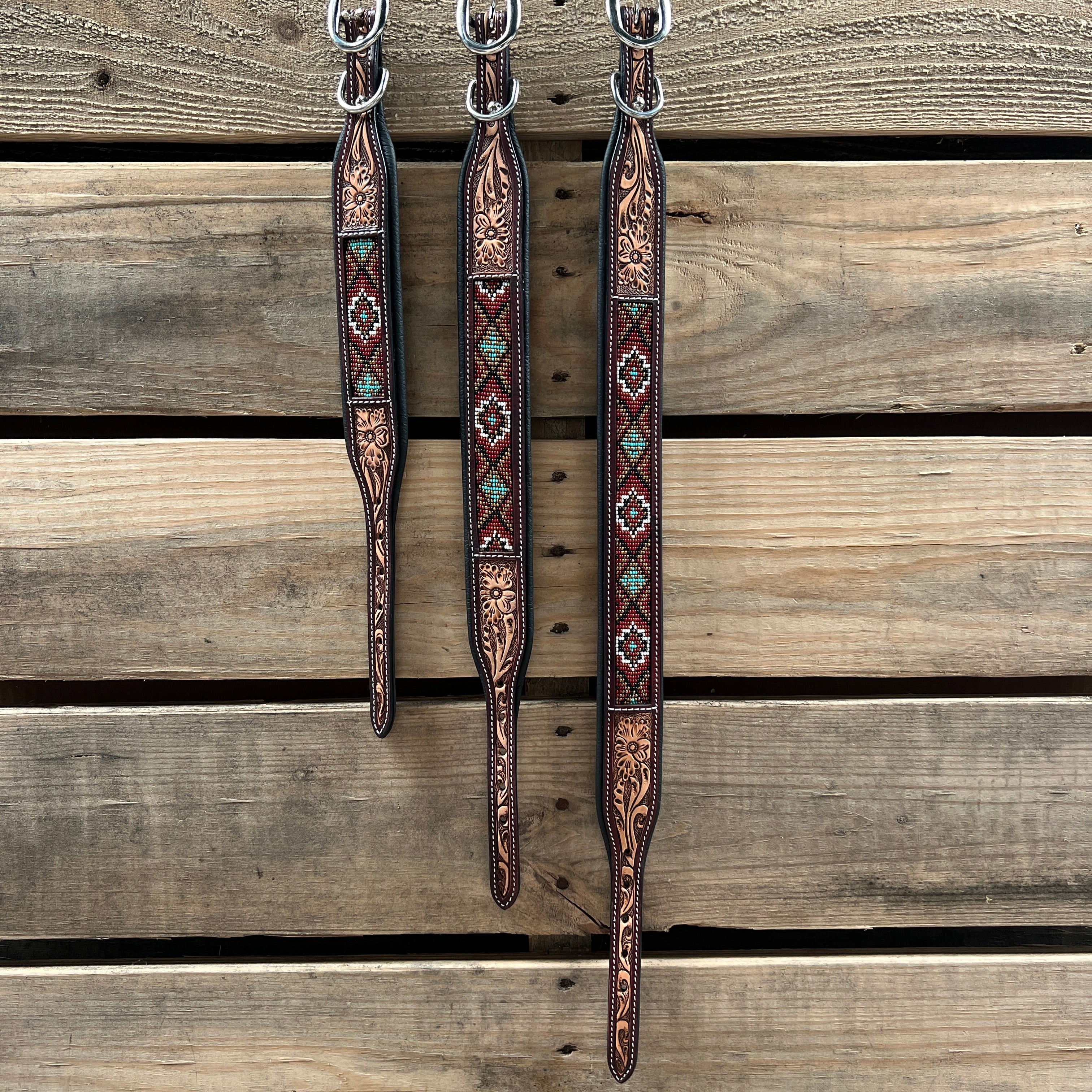 Tooled Red and Brown Genuine Leather Beaded Dog Collar #DC450 — view 3