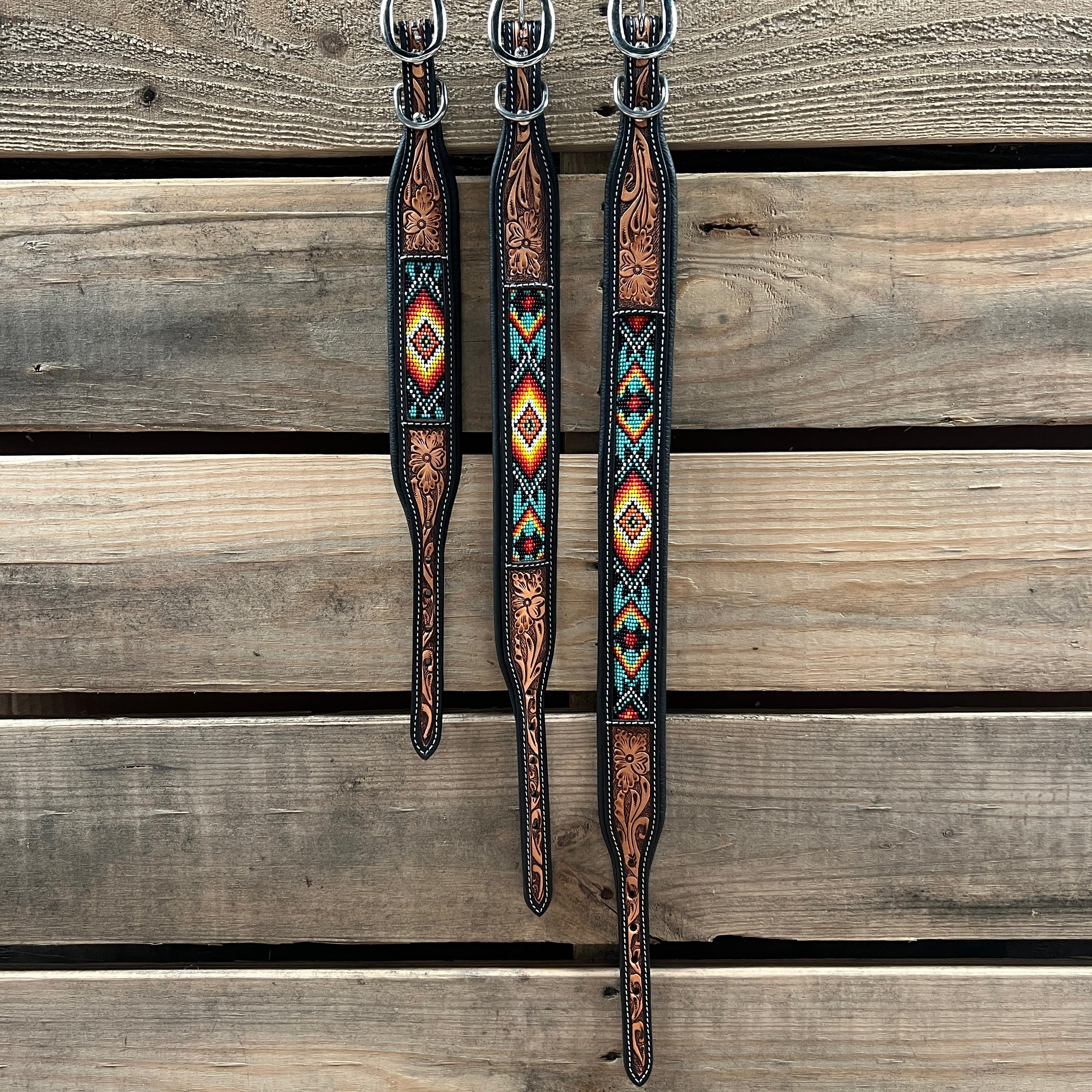 Tooled Turquoise and Black Genuine Leather Beaded Dog Collar #DC448 — view 3