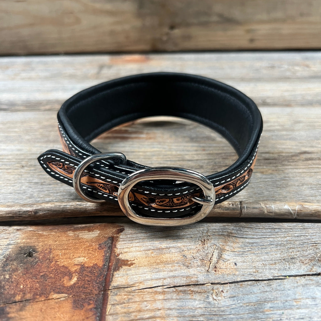 Tooled Turquoise and Black Genuine Leather Beaded Dog Collar #DC448 — view 2