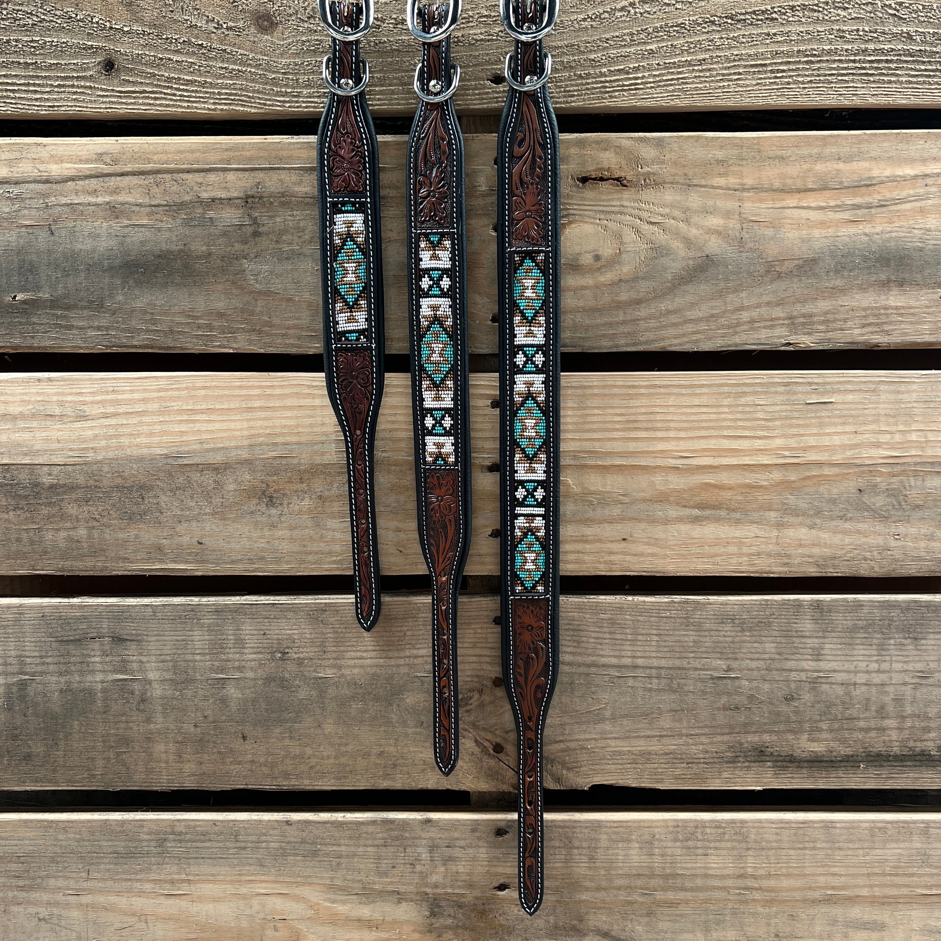 Tooled Turquoise and Gold Genuine Leather Beaded Dog Collar #DC449 — view 3