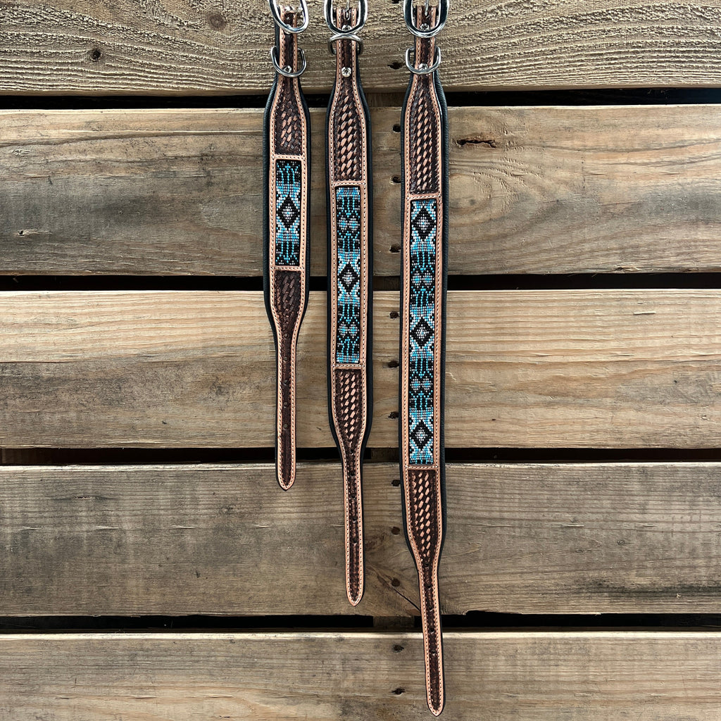 Tooled Light Blue and Black Genuine Leather Beaded Dog Collar #DC446 — view 3