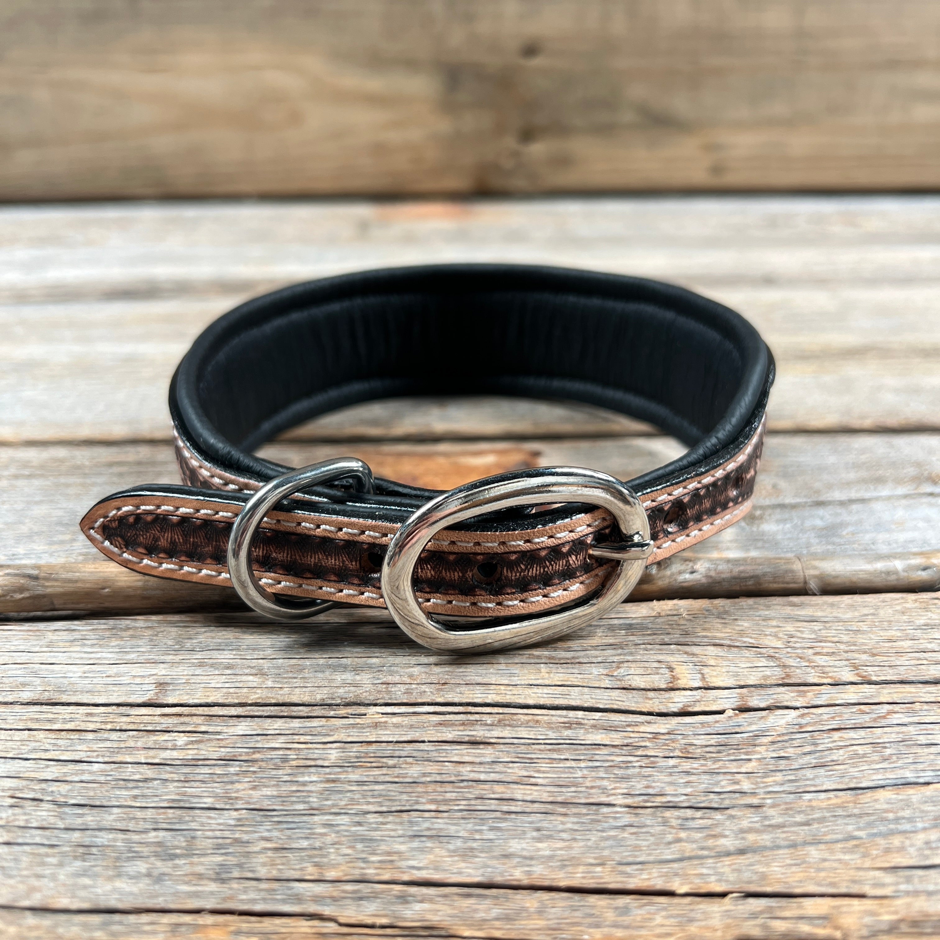 Tooled Light Blue and Black Genuine Leather Beaded Dog Collar #DC446 — view 2