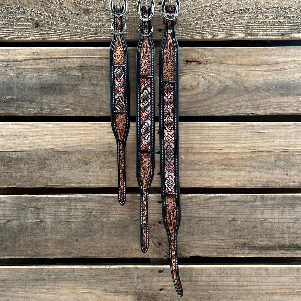 Tooled Peach and Black Genuine Leather Beaded Dog Collar #DC445 — view 3