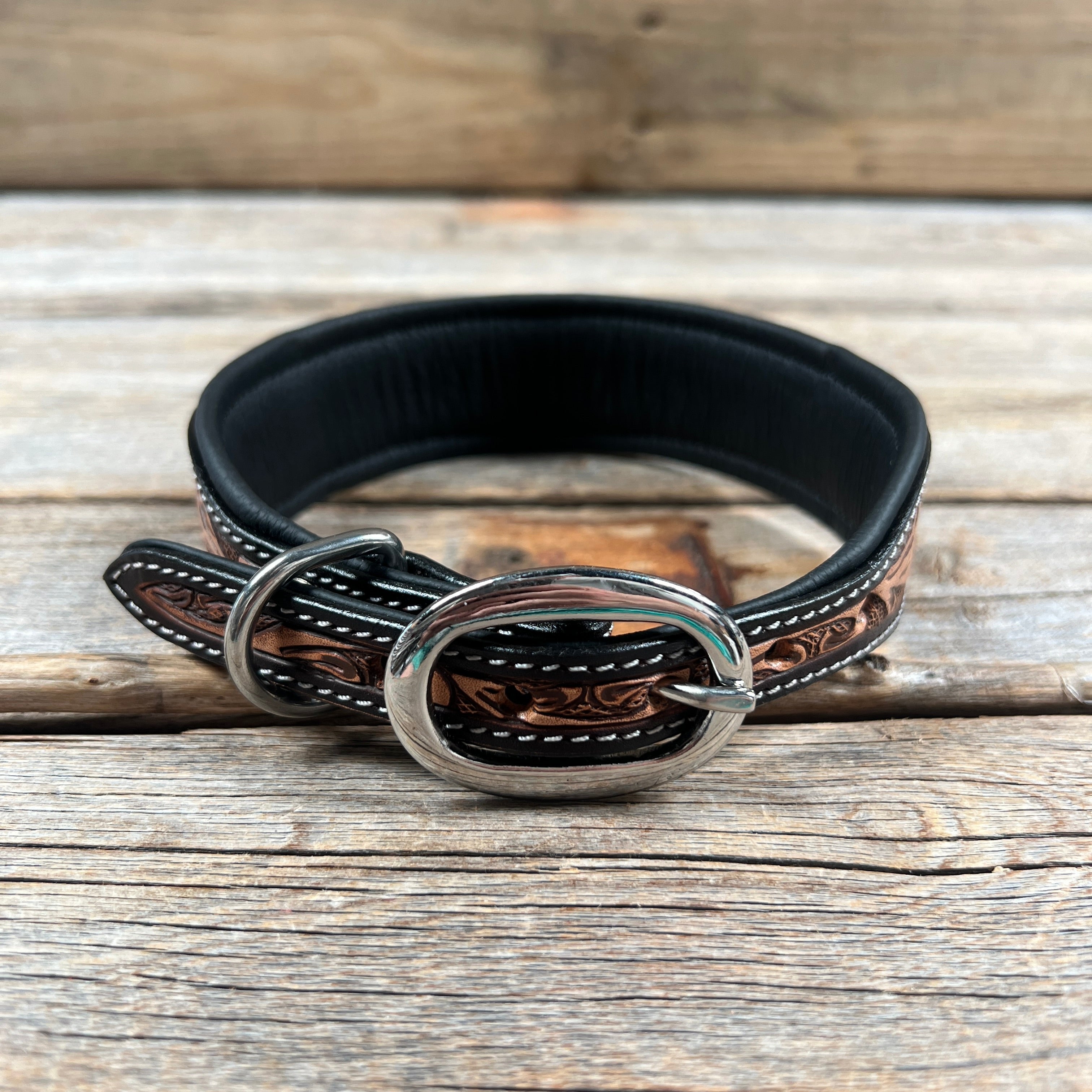 Tooled Peach and Black Genuine Leather Beaded Dog Collar #DC445 — view 2
