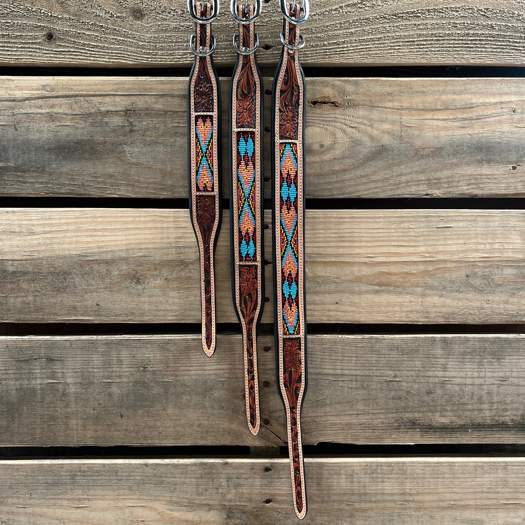 Tooled Peach and Red Genuine Leather Beaded Dog Collar #DC444 — view 3