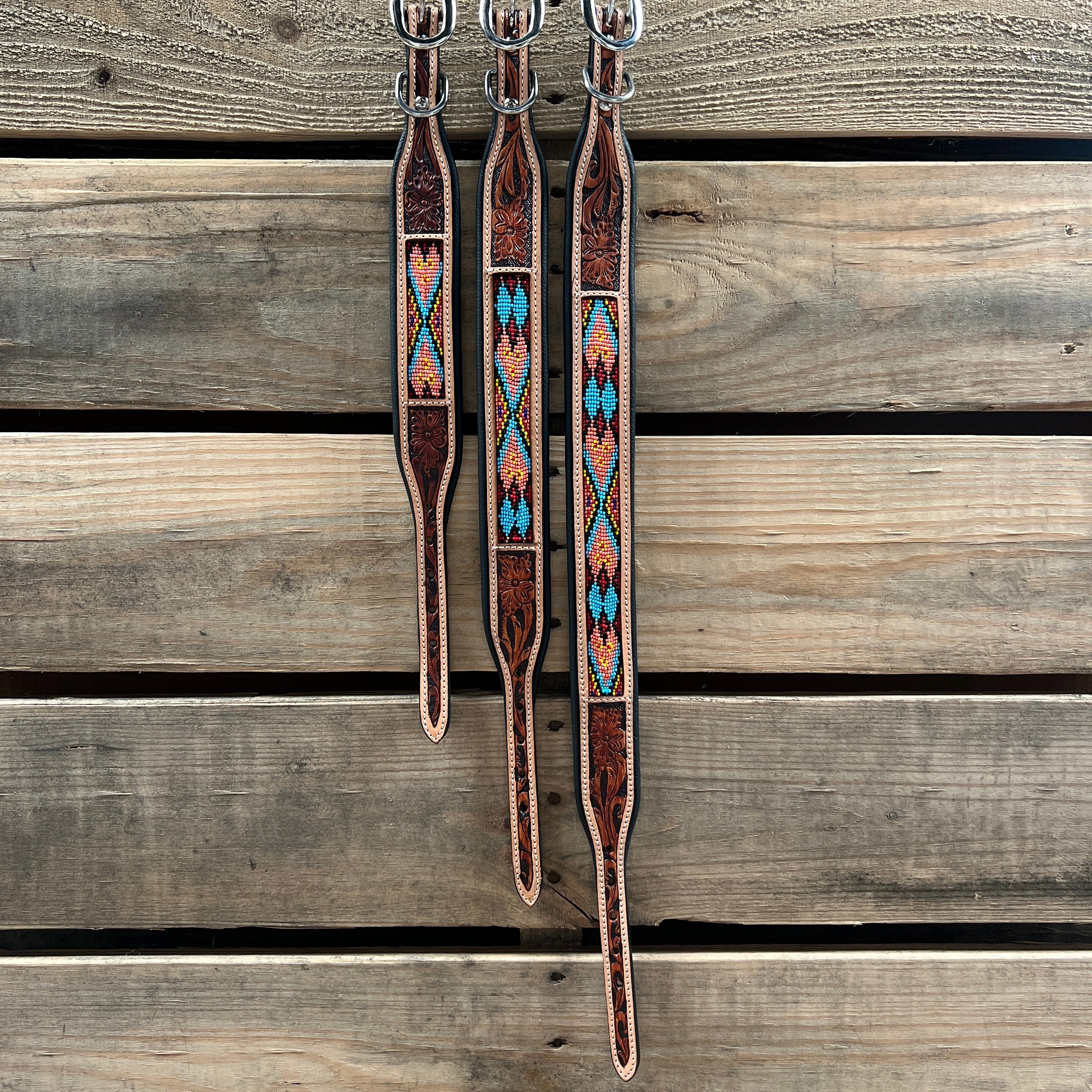 Tooled Peach and Red Genuine Leather Beaded Dog Collar #DC444 — view 3