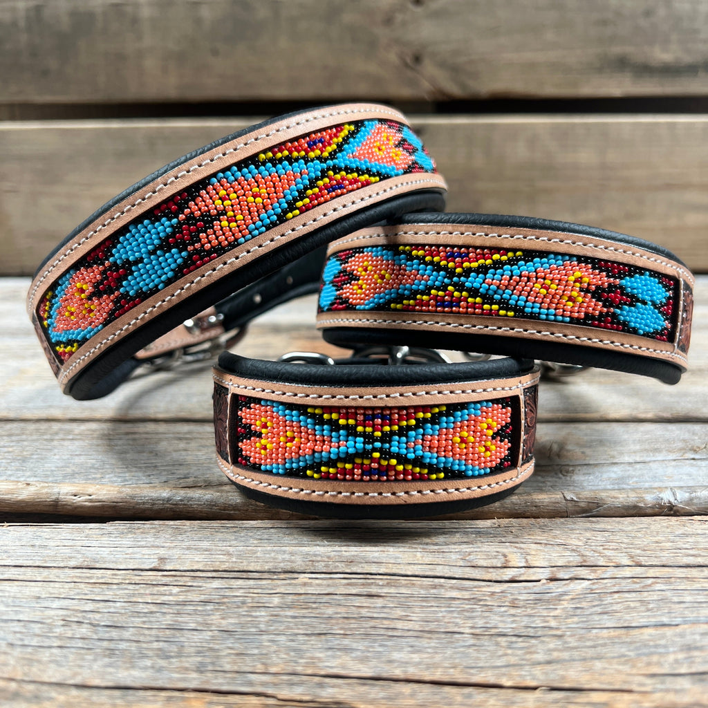 Tooled Peach and Red Genuine Leather Beaded Dog Collar #DC444