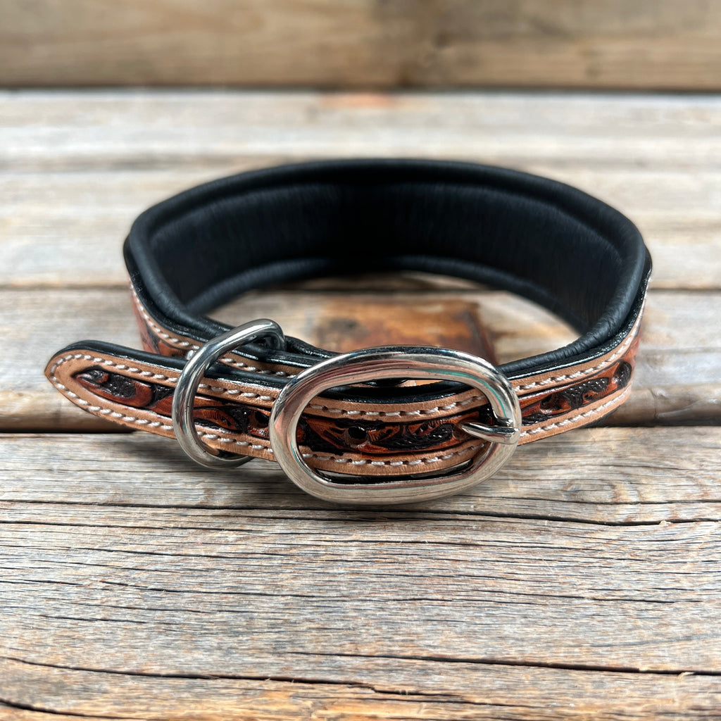 Tooled Peach and Red Genuine Leather Beaded Dog Collar #DC444 — view 2
