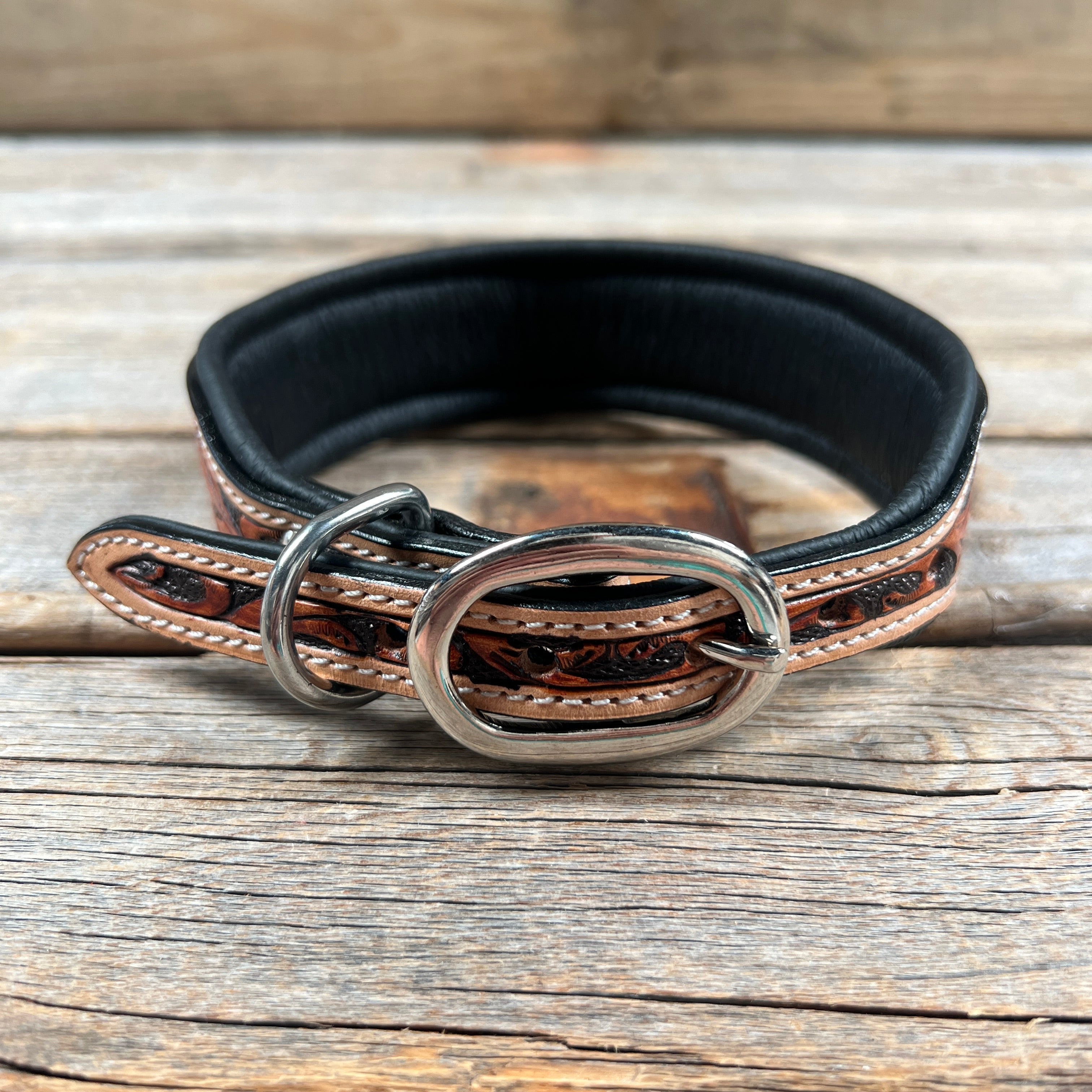 Tooled Peach and Red Genuine Leather Beaded Dog Collar #DC444 — view 2