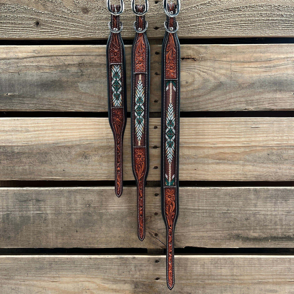 Tooled Green and Brown Genuine Leather Beaded Dog Collar #DC447 — view 3