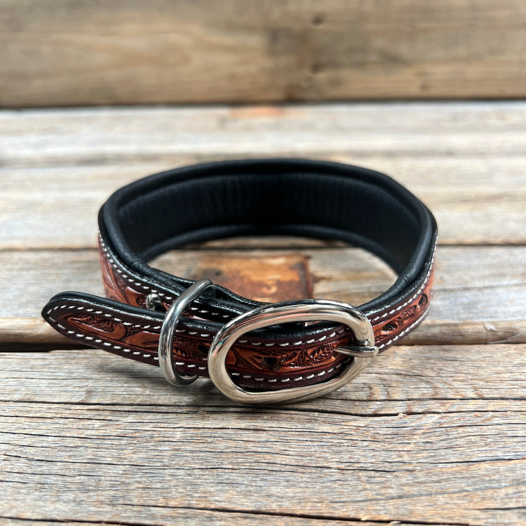 Tooled Green and Brown Genuine Leather Beaded Dog Collar #DC447 — view 2