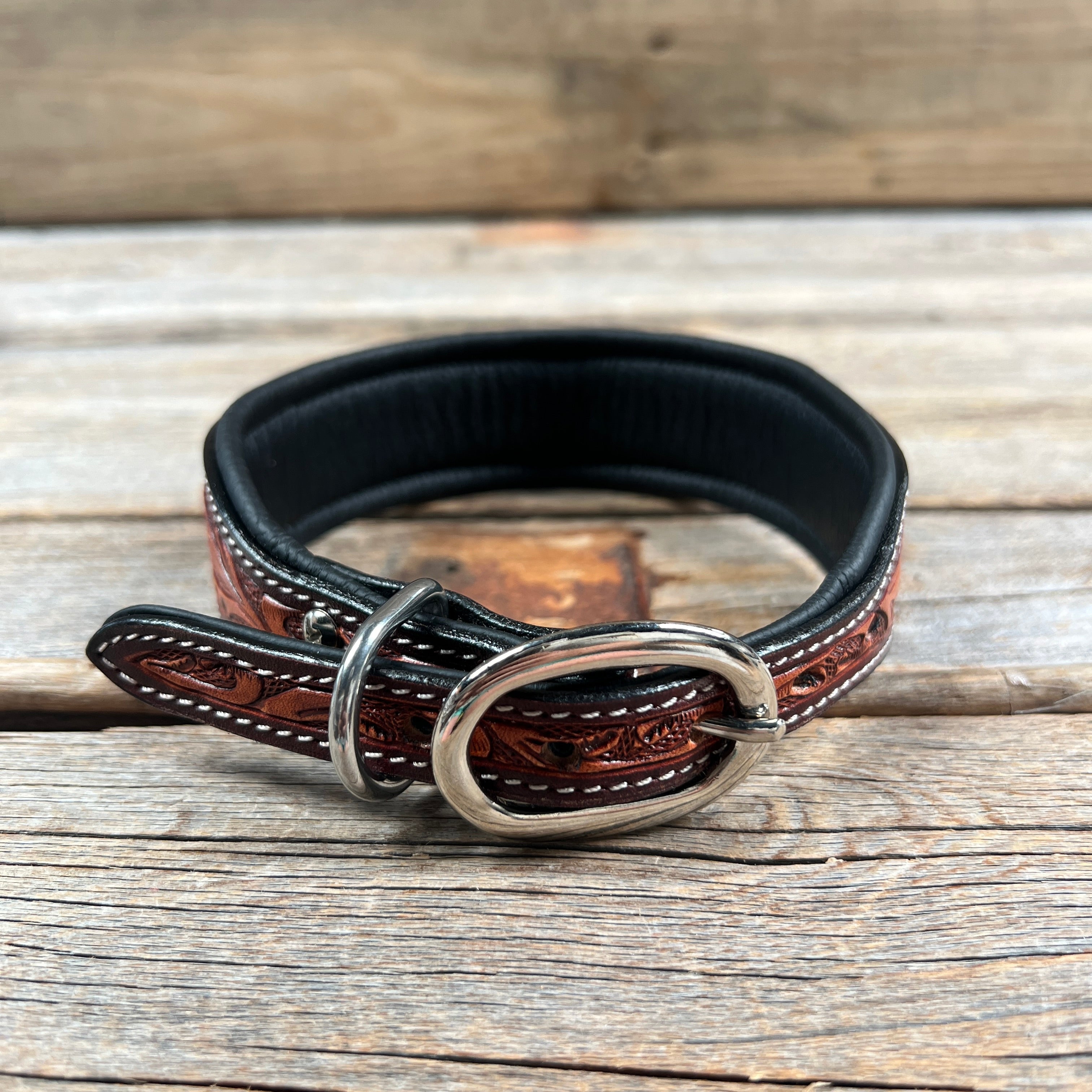 Tooled Green and Brown Genuine Leather Beaded Dog Collar #DC447 — view 2