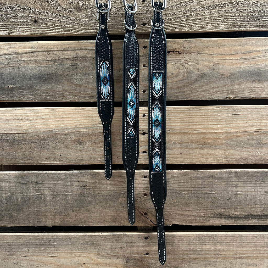 Tooled Light Blue Genuine Leather Beaded Dog Collar #DC441 — view 3