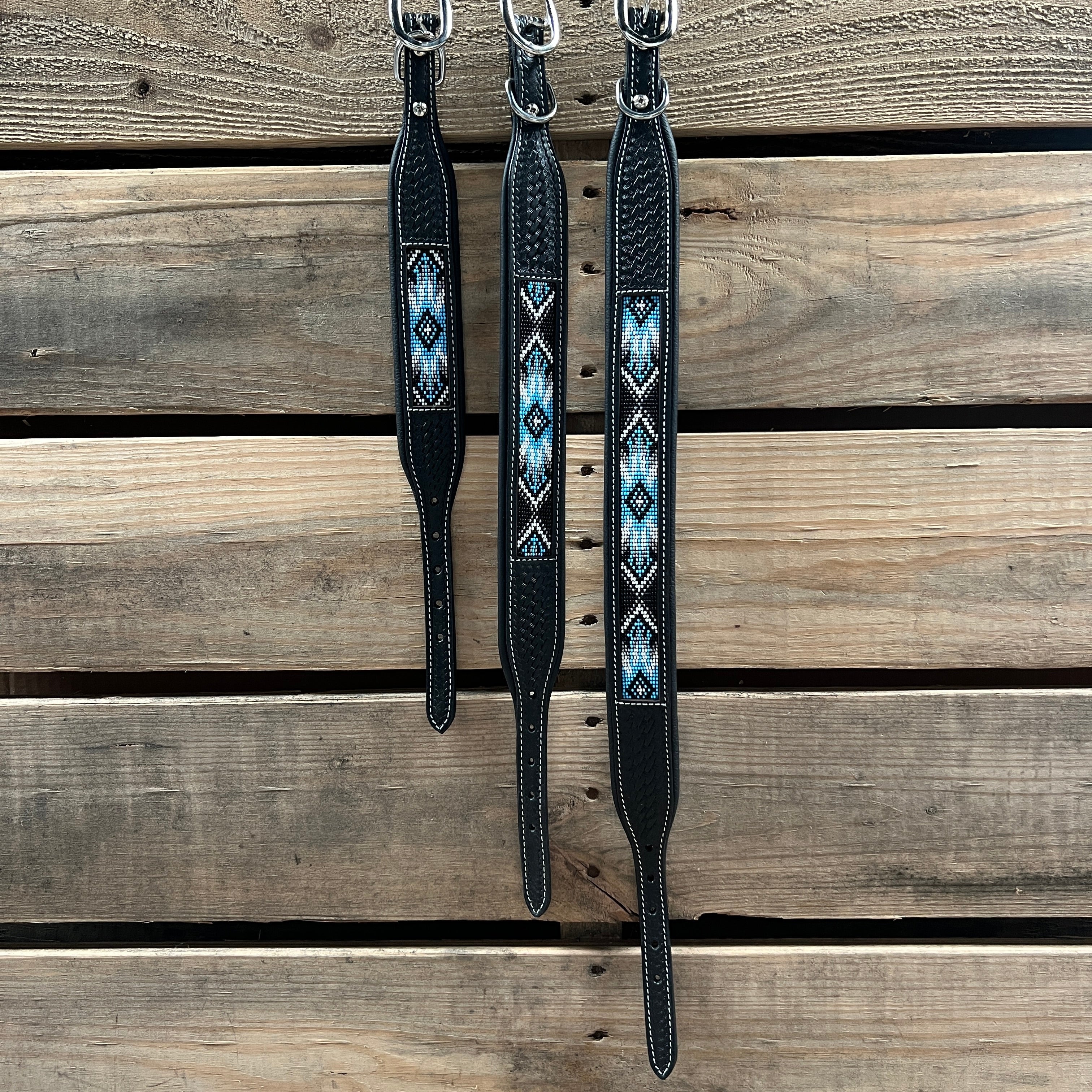 Tooled Light Blue Genuine Leather Beaded Dog Collar #DC441 — view 3