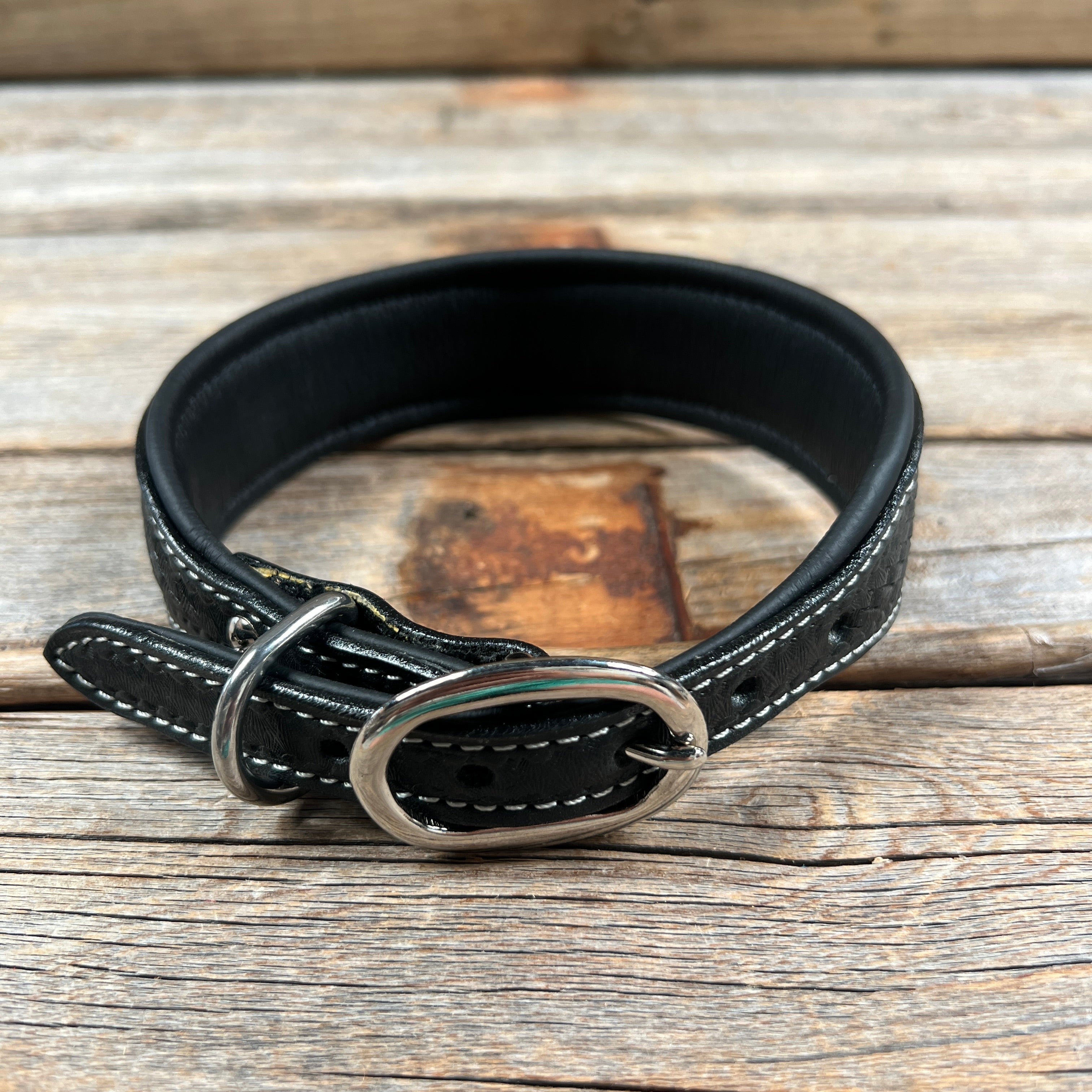 Tooled Light Blue Genuine Leather Beaded Dog Collar #DC441 — view 2